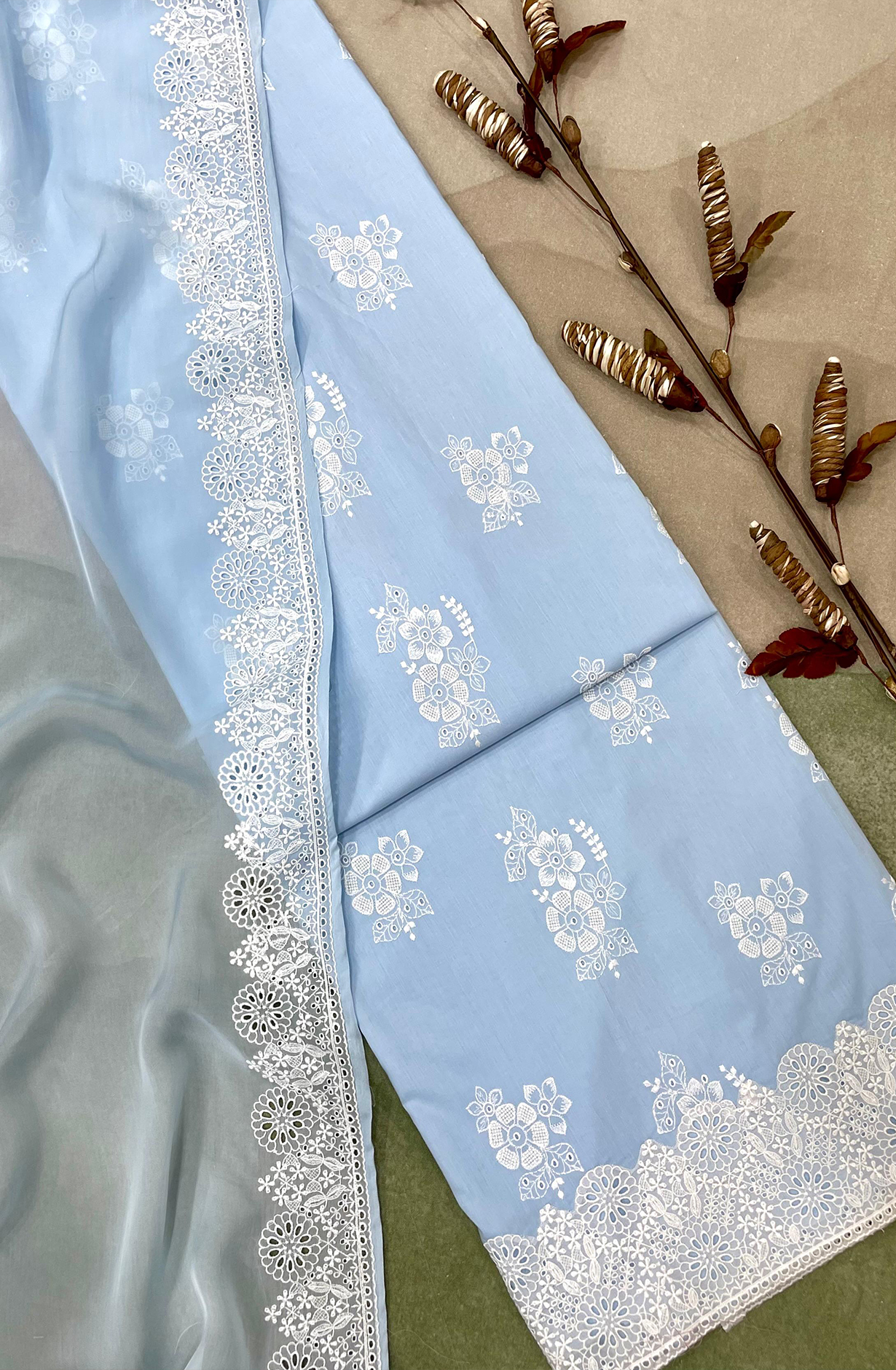 Pastel Blue Malmal Cotton Unstitched Beautiful Embroidered Suit with Organza Dupatta - TEE2176A