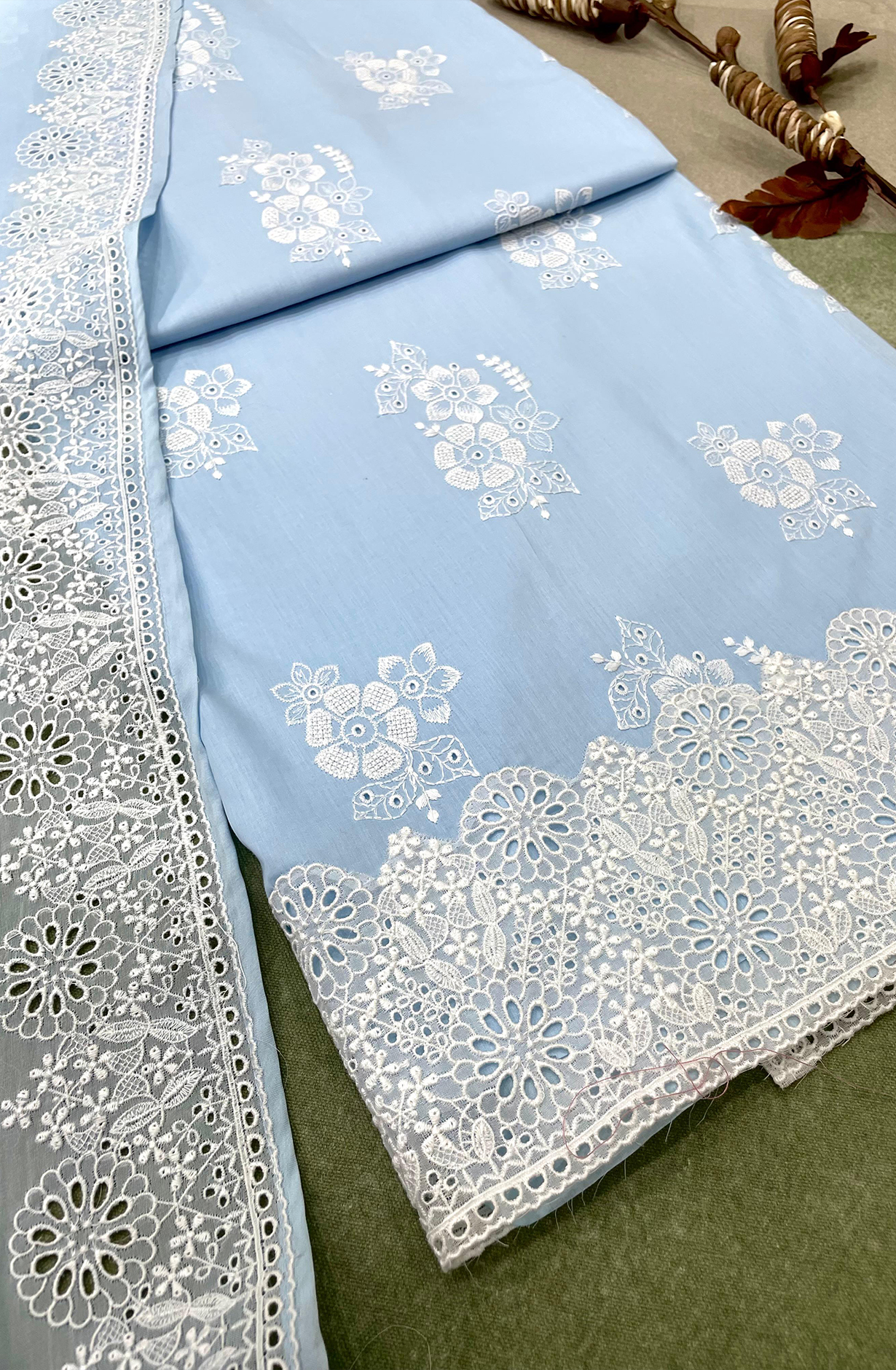 Pastel Blue Malmal Cotton Unstitched Beautiful Embroidered Suit with Organza Dupatta - TEE2176A