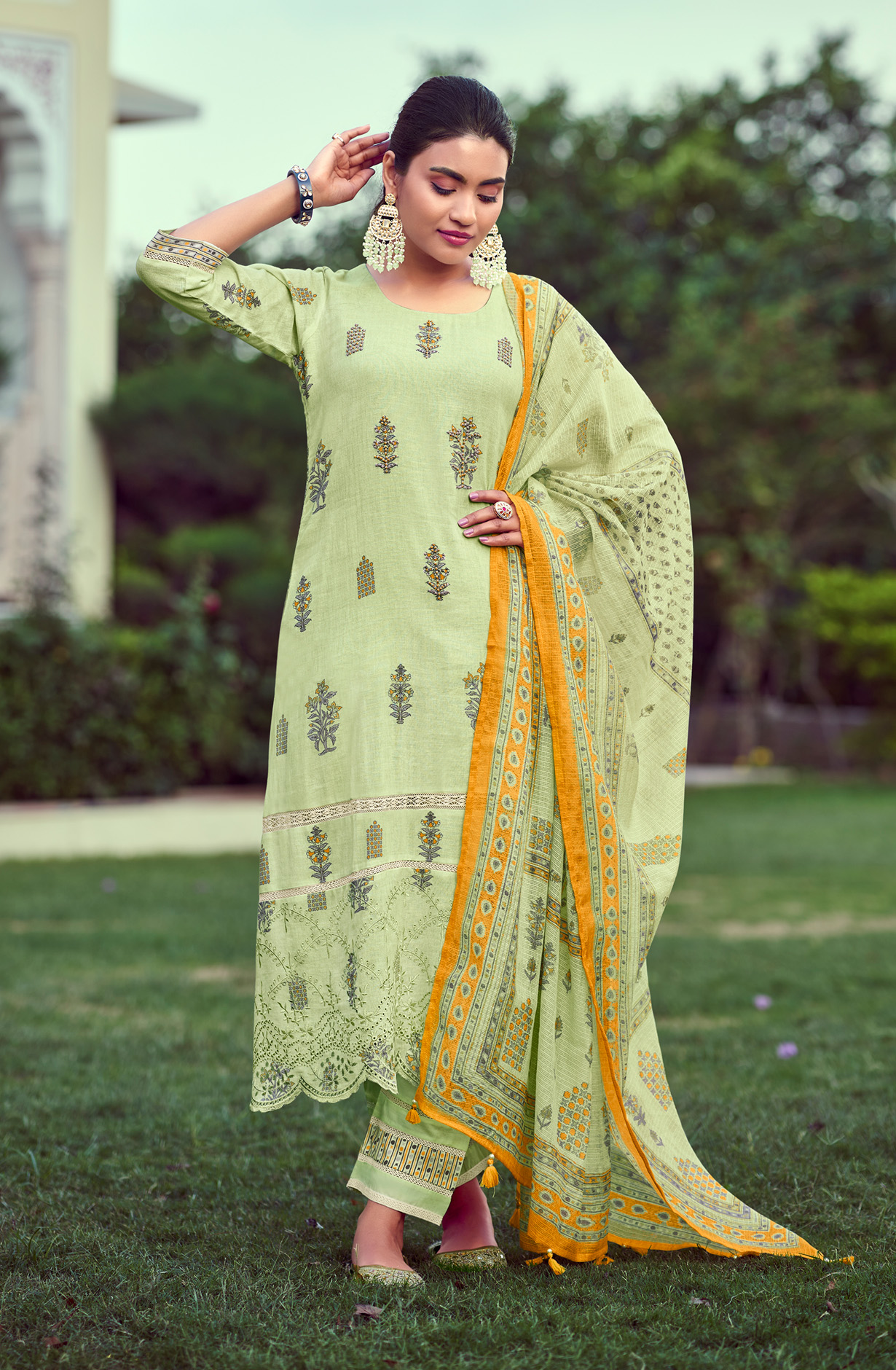 Pista Green Linen Beautiful Digital Print with Embroidery Salwar Suit - THE8086