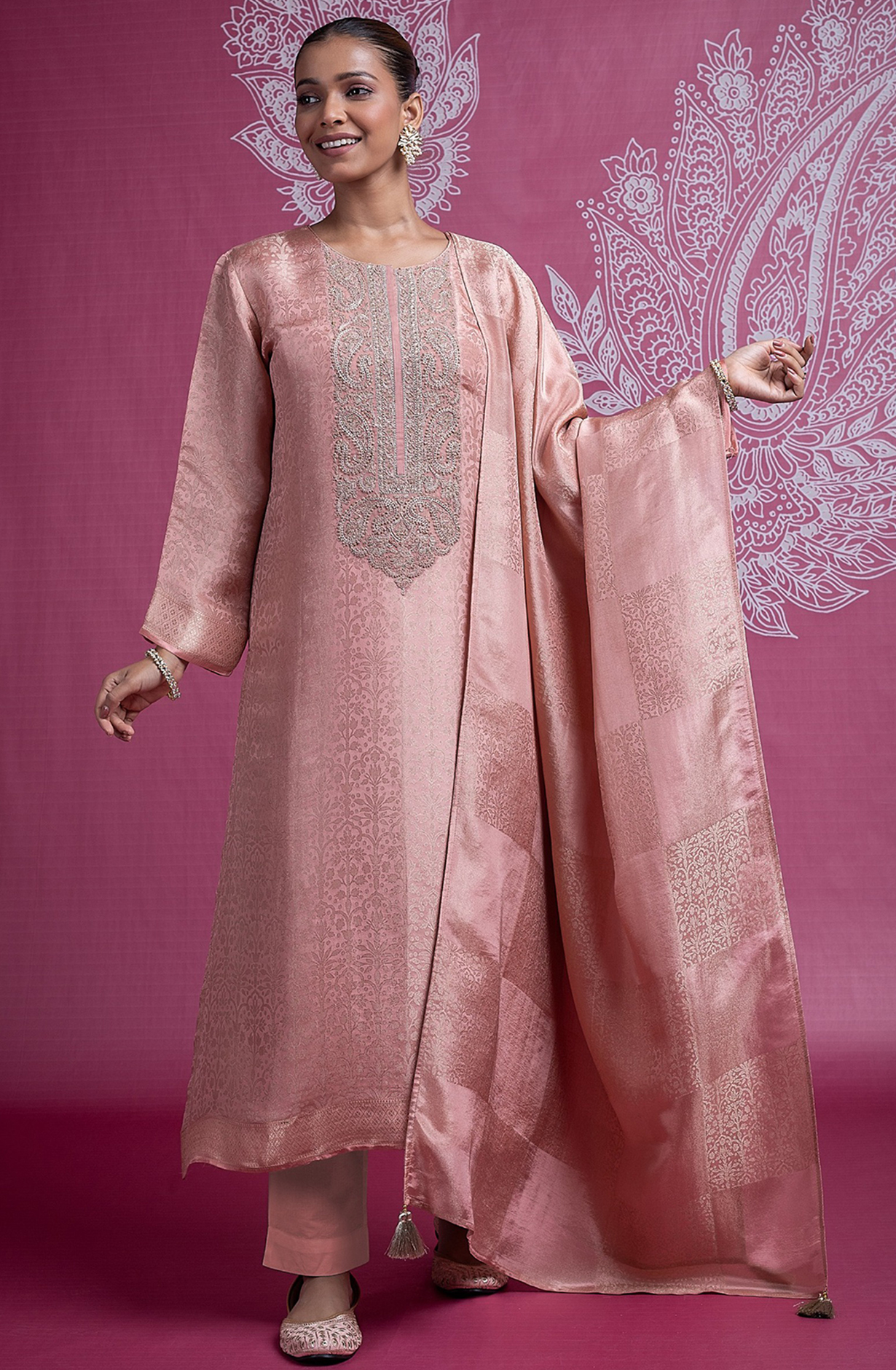 Peach Silk Jacquard Suit with Dupatta - R157-SPR2396A