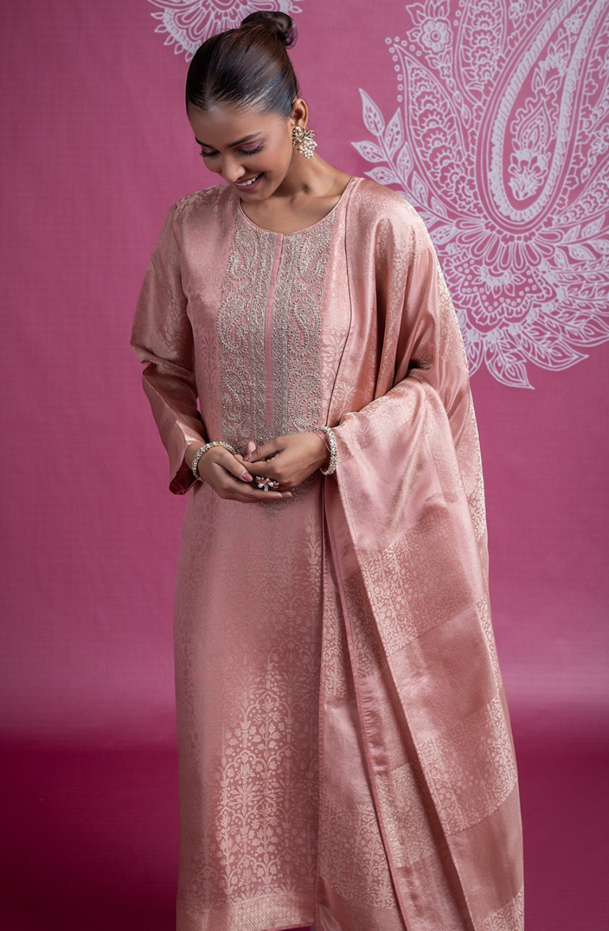 Peach Silk Jacquard Suit with Dupatta - R157-SPR2396A