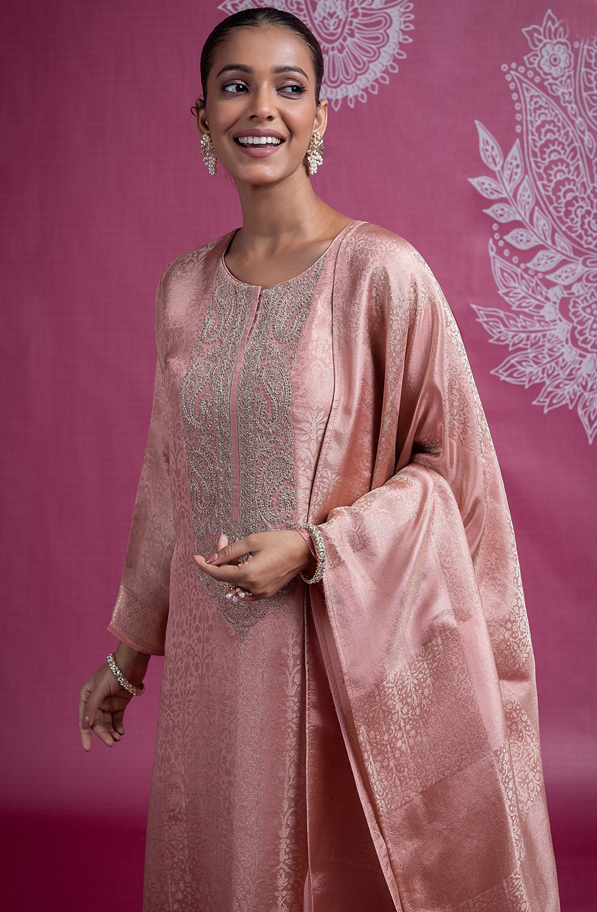Peach Silk Jacquard Suit with Dupatta - R157-SPR2396A