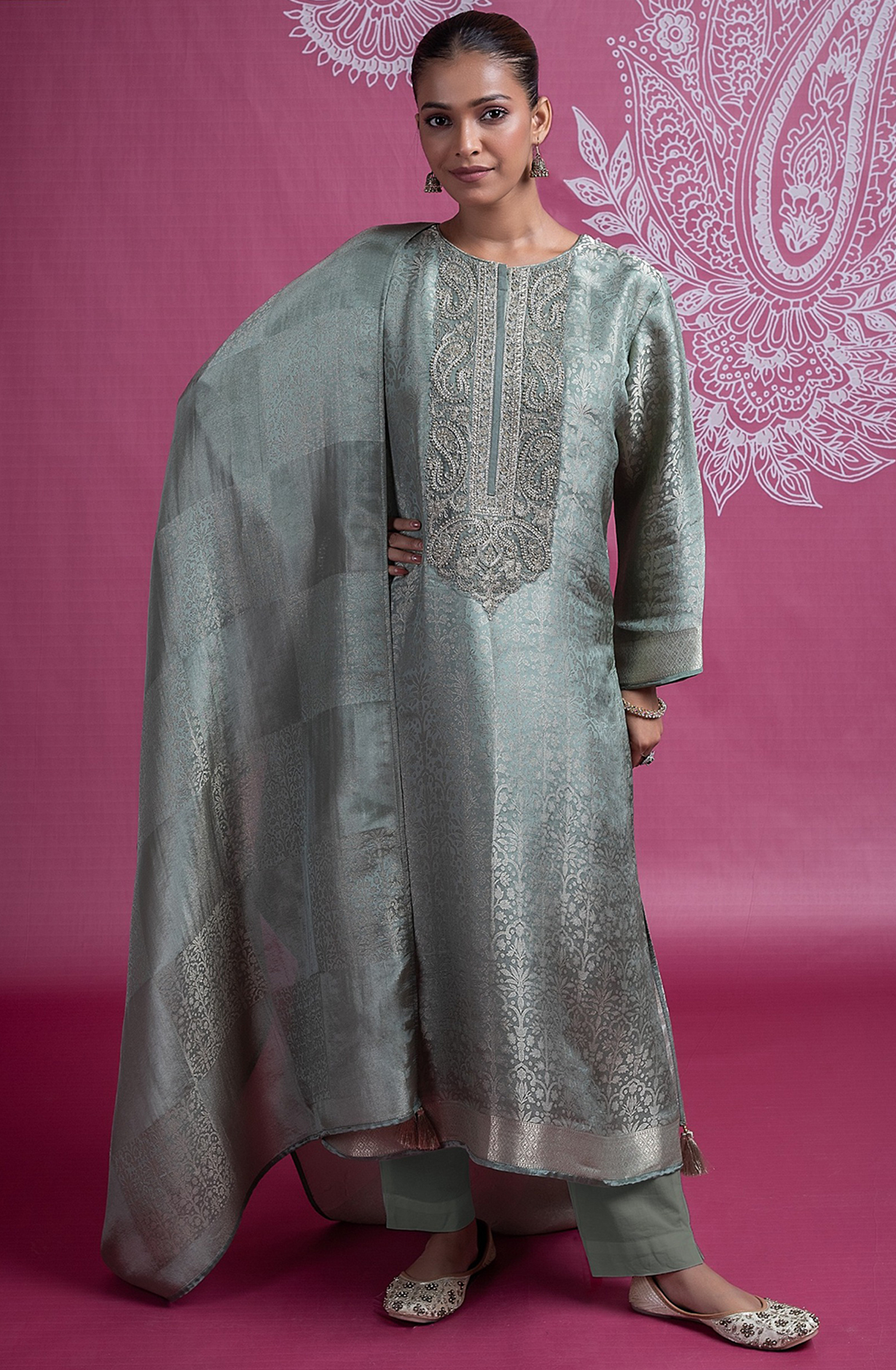 Green Silk Jacquard Suit with Dupatta - R157-SPR2396B