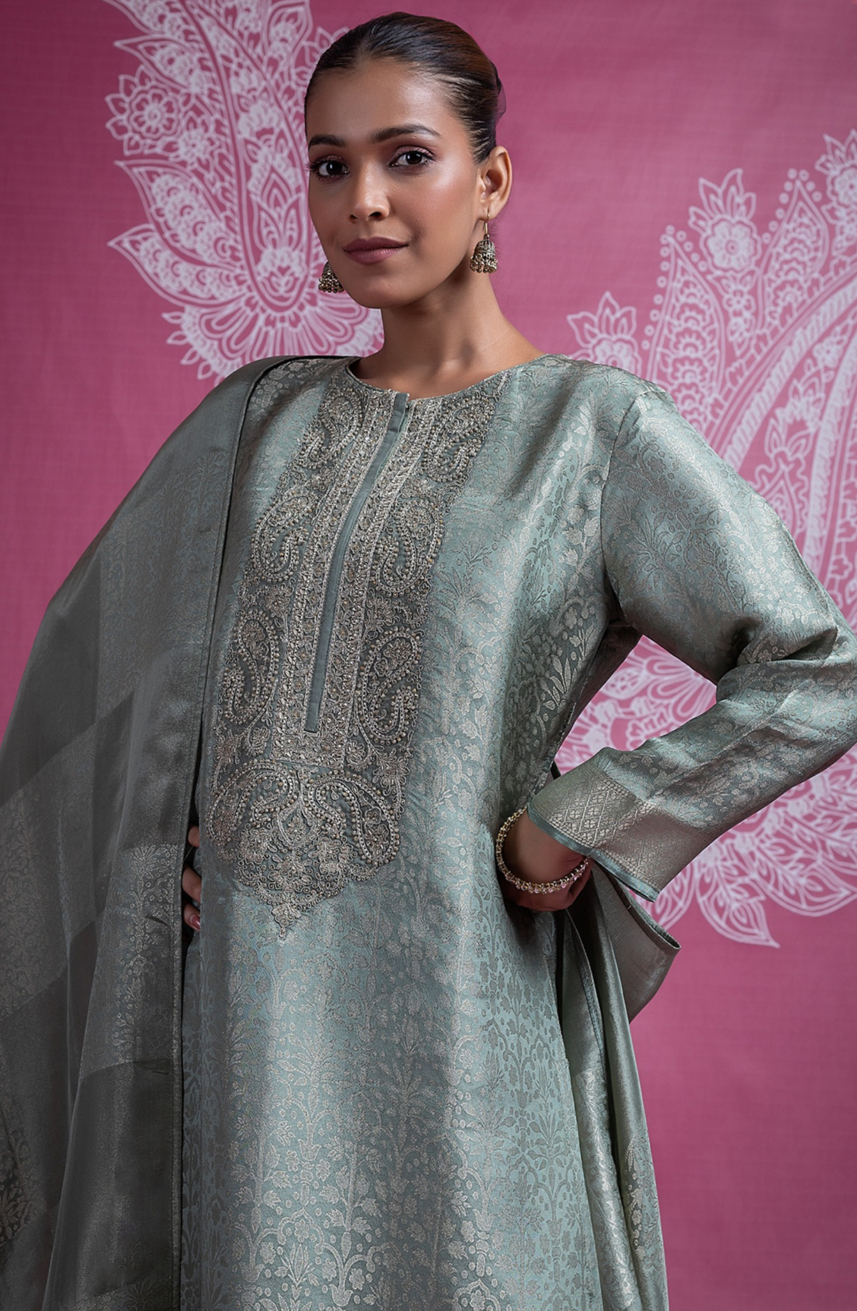 Green Silk Jacquard Suit with Dupatta - R157-SPR2396B