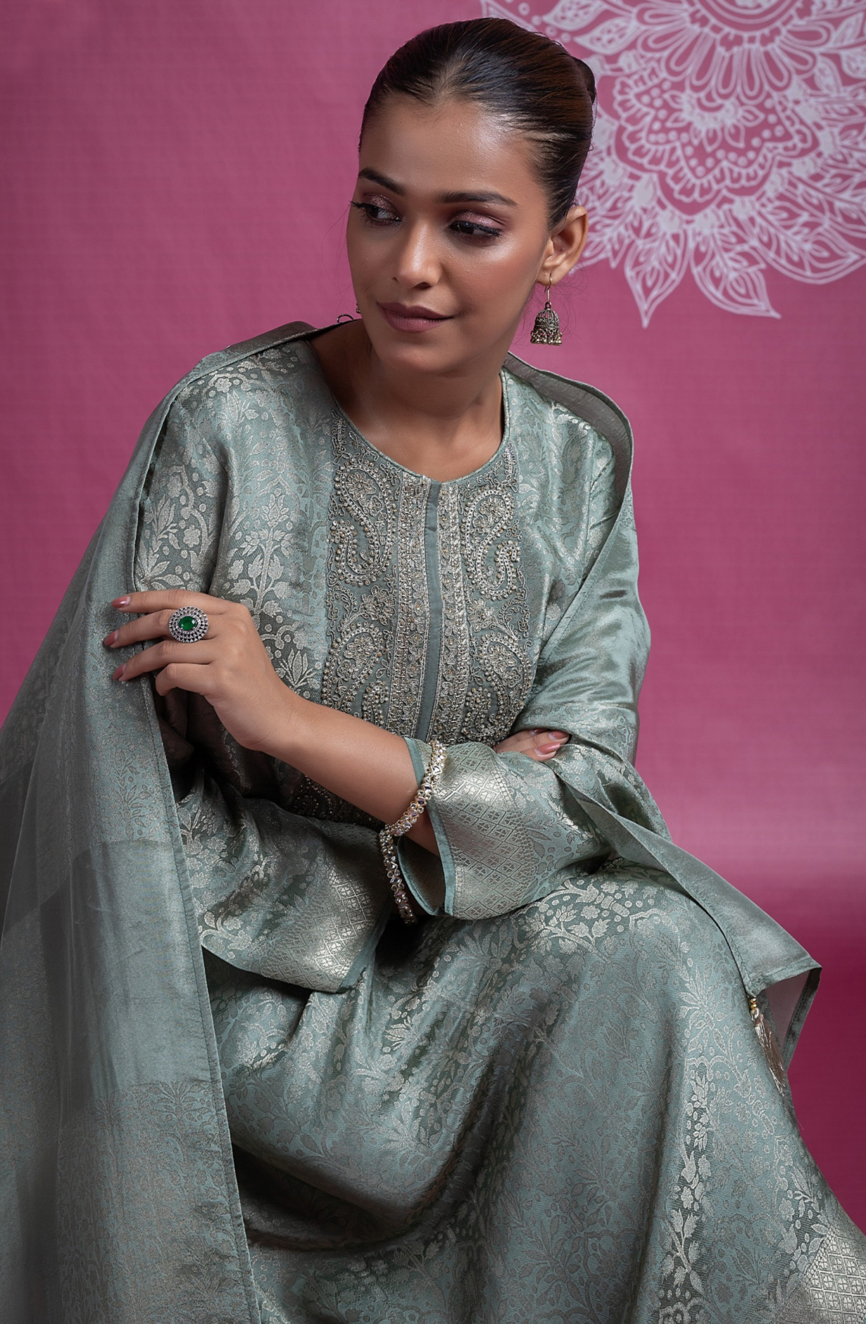 Green Silk Jacquard Suit with Dupatta - R157-SPR2396B
