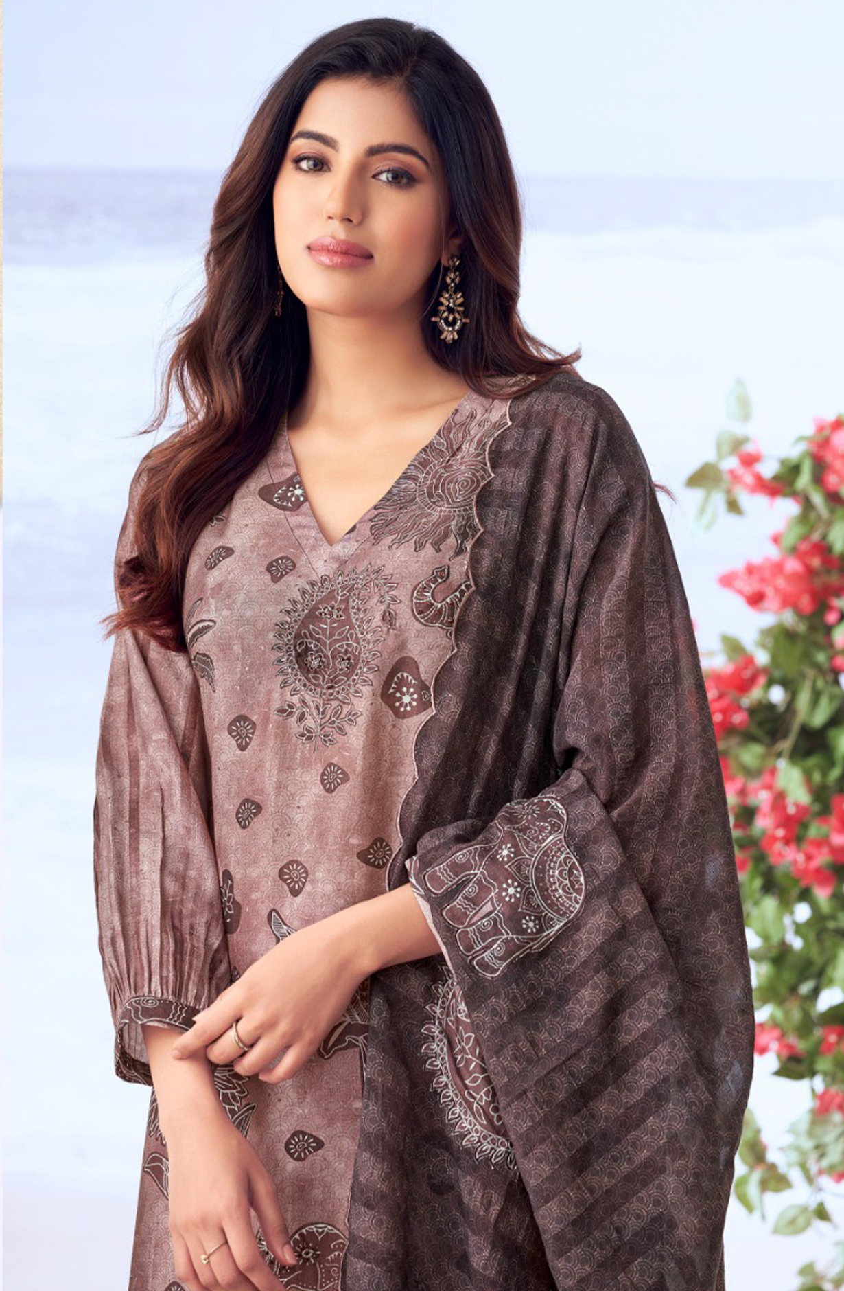 Mauve Muslin Suit Set with Organza Dupatta - TIY8392