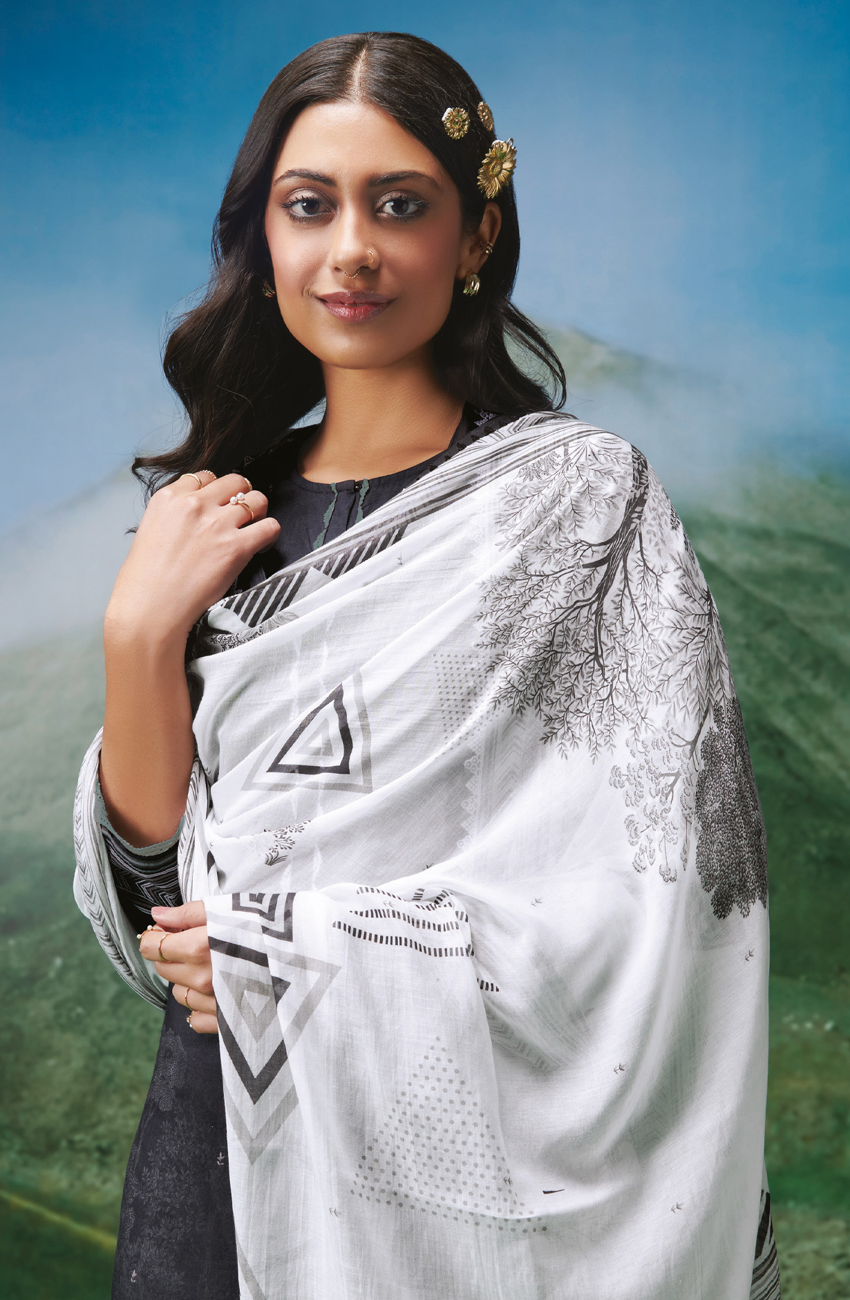 Black Cotton Lawn Unstitched Salwar Kameez with Dupatta - TRE134