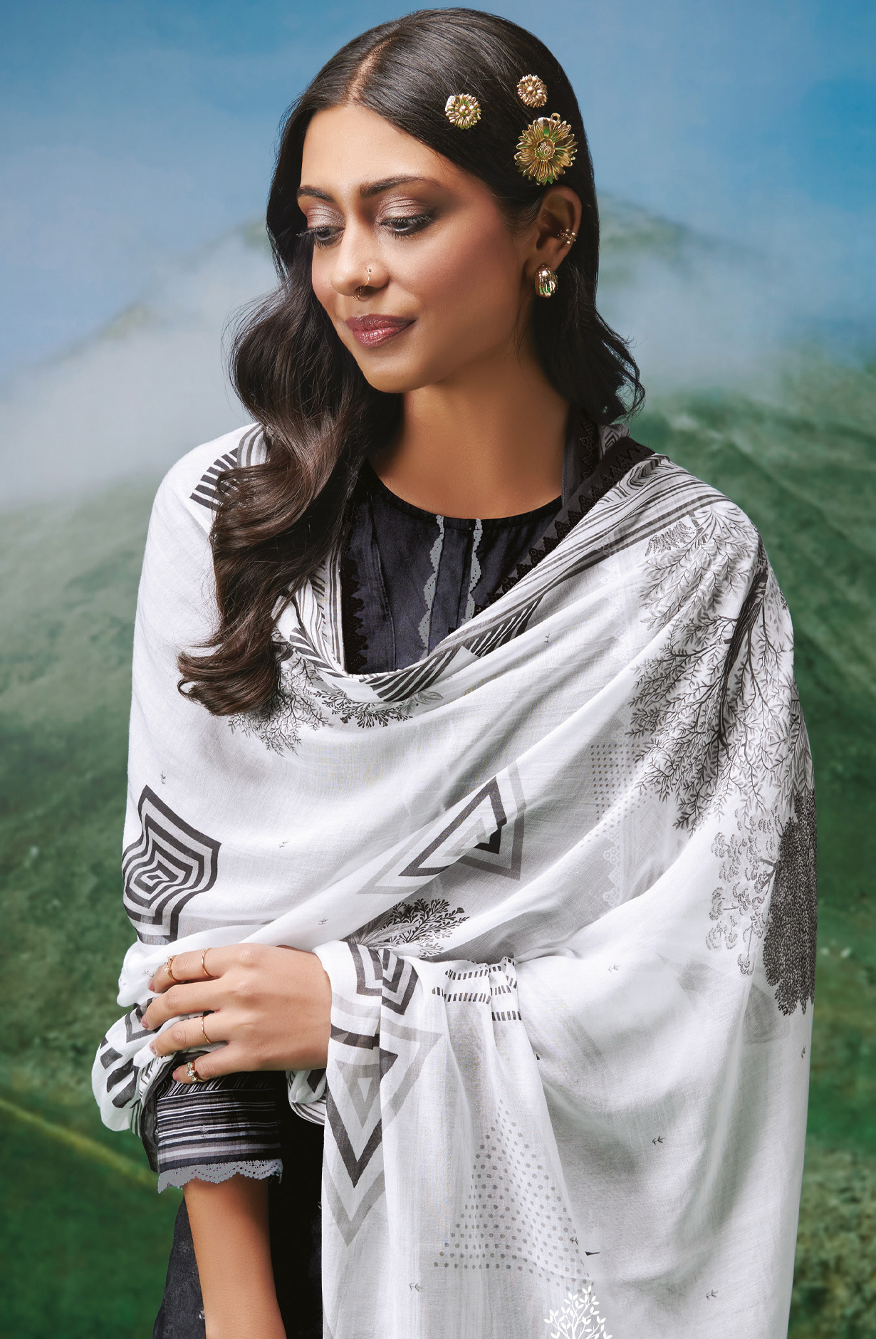 Black Cotton Lawn Unstitched Salwar Kameez with Dupatta - TRE134