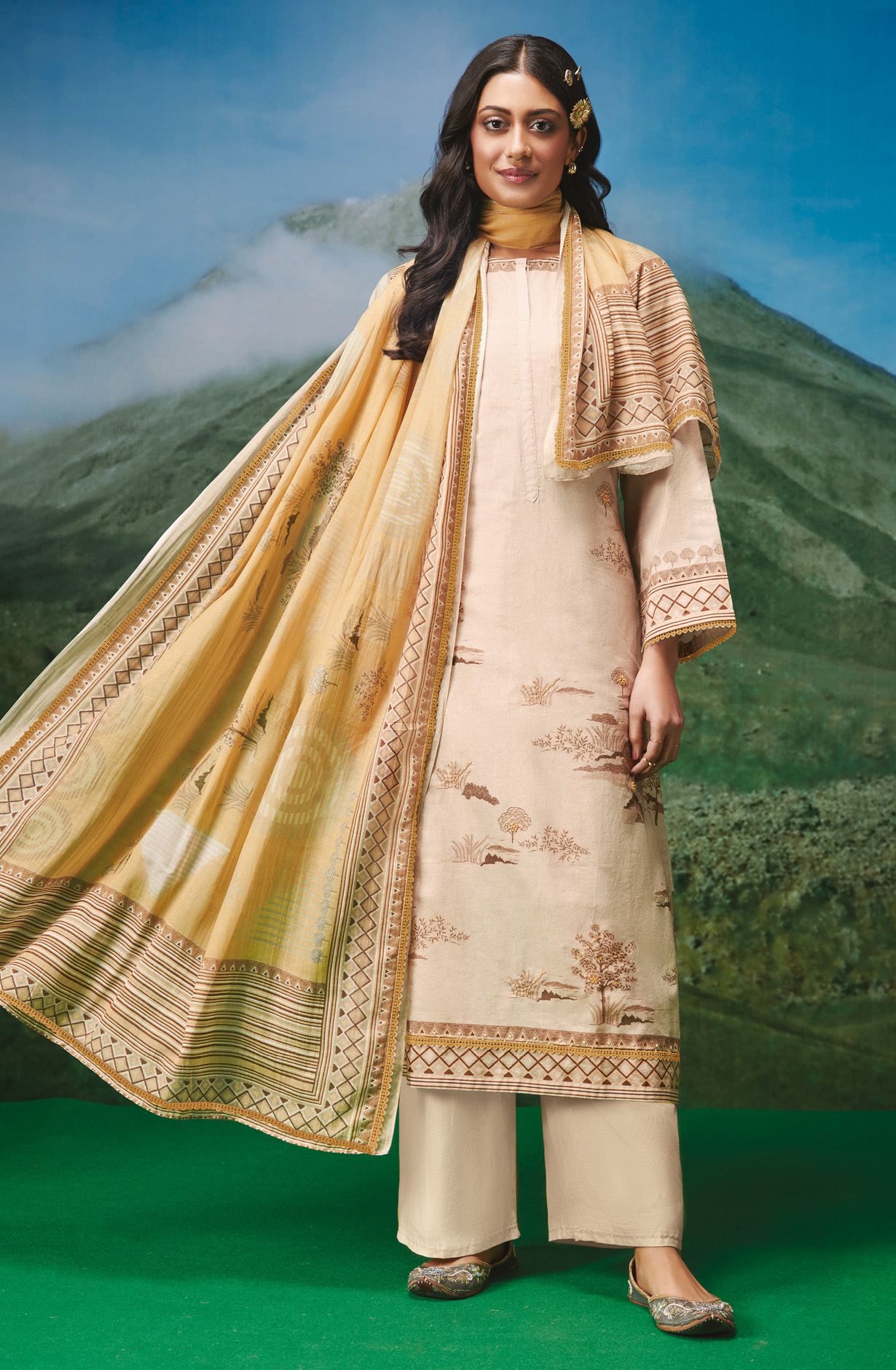 Beige Cotton Lawn Unstitched Salwar Kameez with Dupatta - TRE178