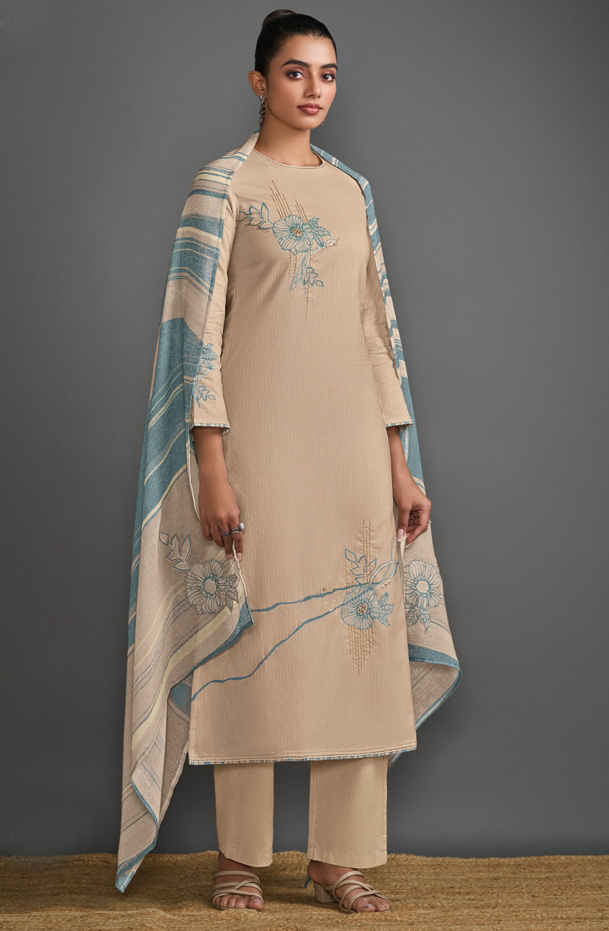 Fawn Cotton Lawn Suit Set Digital Print With Hand Work With Aric Cotton Digital Printed - TRE7431B