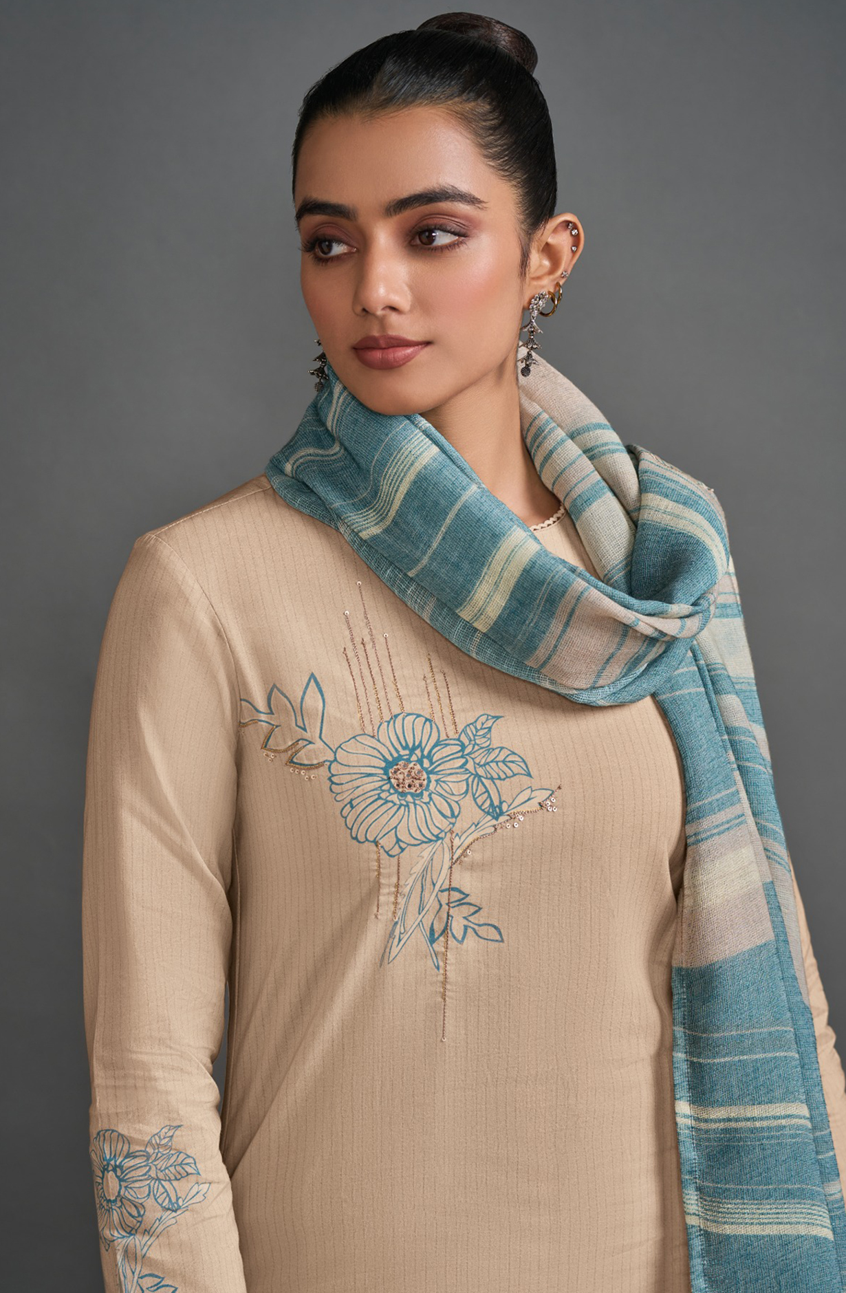 Fawn Cotton Lawn Suit Set Digital Print With Hand Work With Aric Cotton Digital Printed - TRE7431B