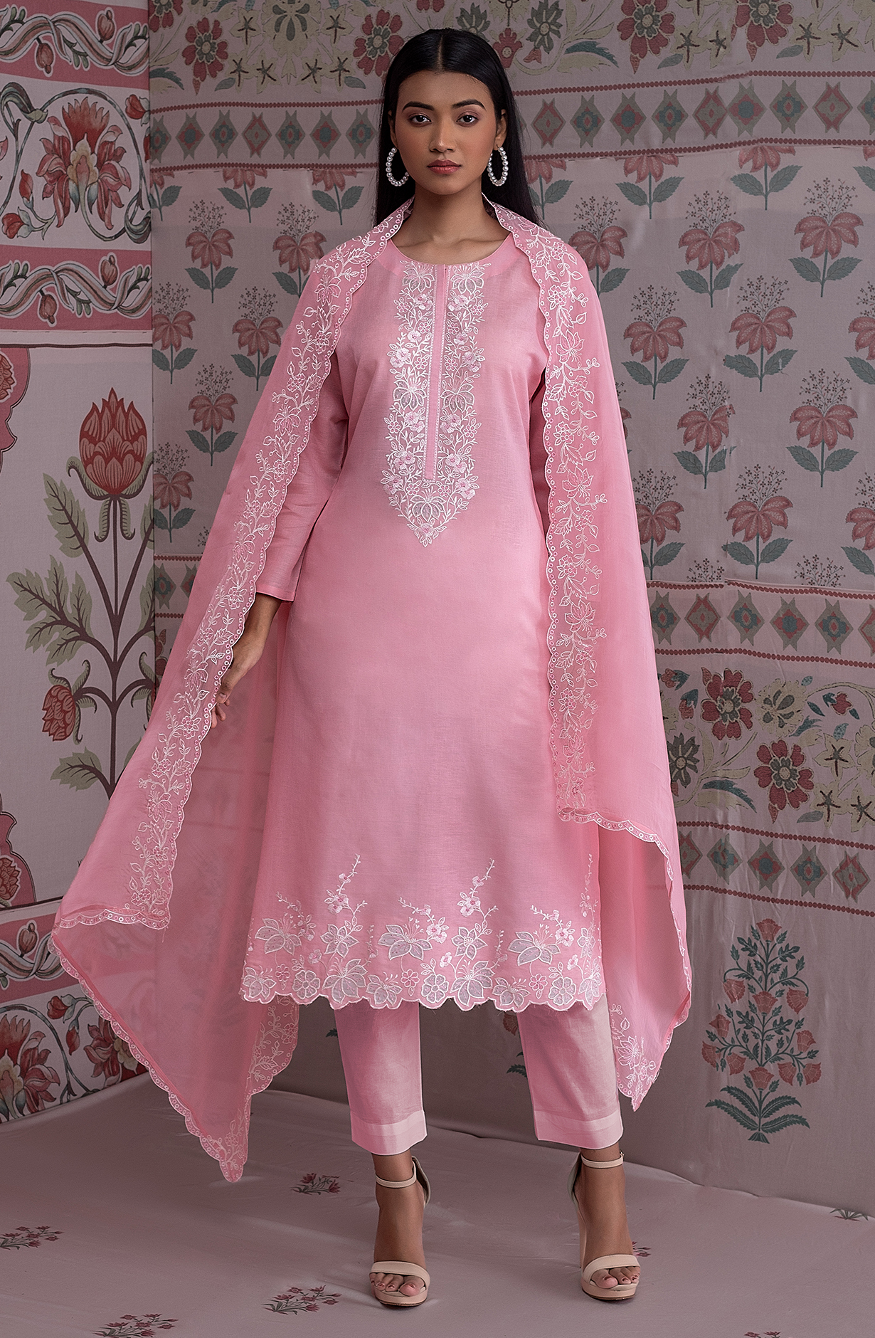 Pink Luxury Linen Unstitched Embroidery Suit with Chiffon Dupatta - TRI2260A