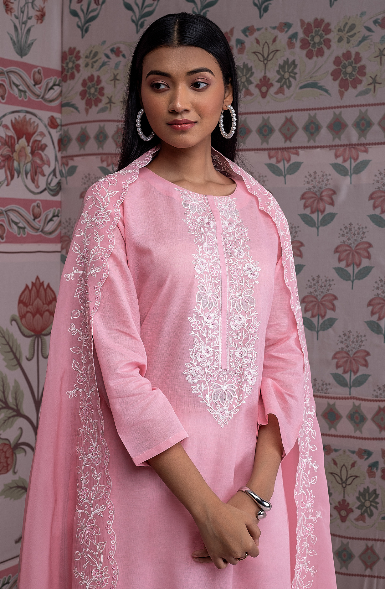 Pink Luxury Linen Unstitched Embroidery Suit with Chiffon Dupatta - TRI2260A