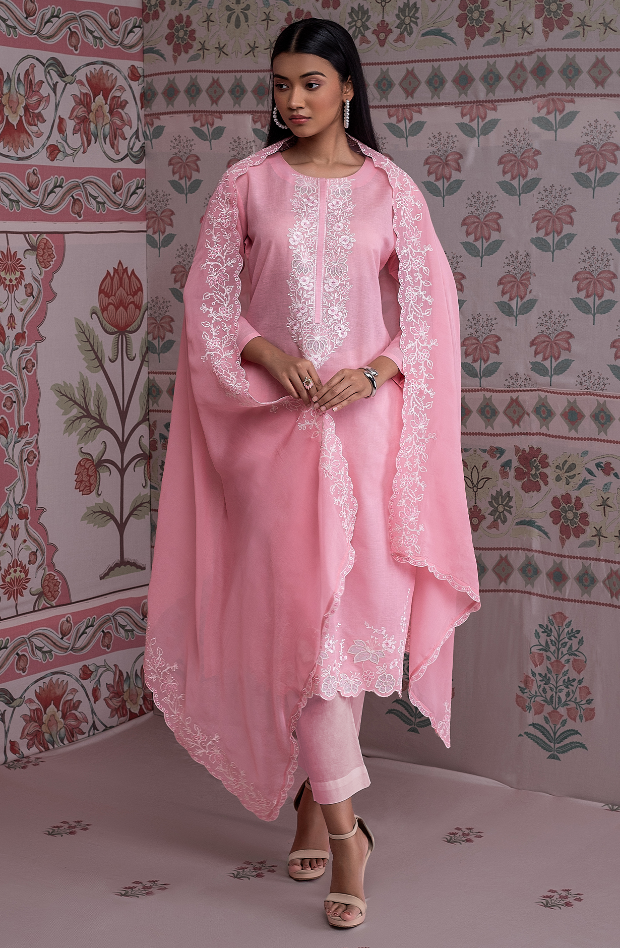 Pink Luxury Linen Unstitched Embroidery Suit with Chiffon Dupatta - TRI2260A