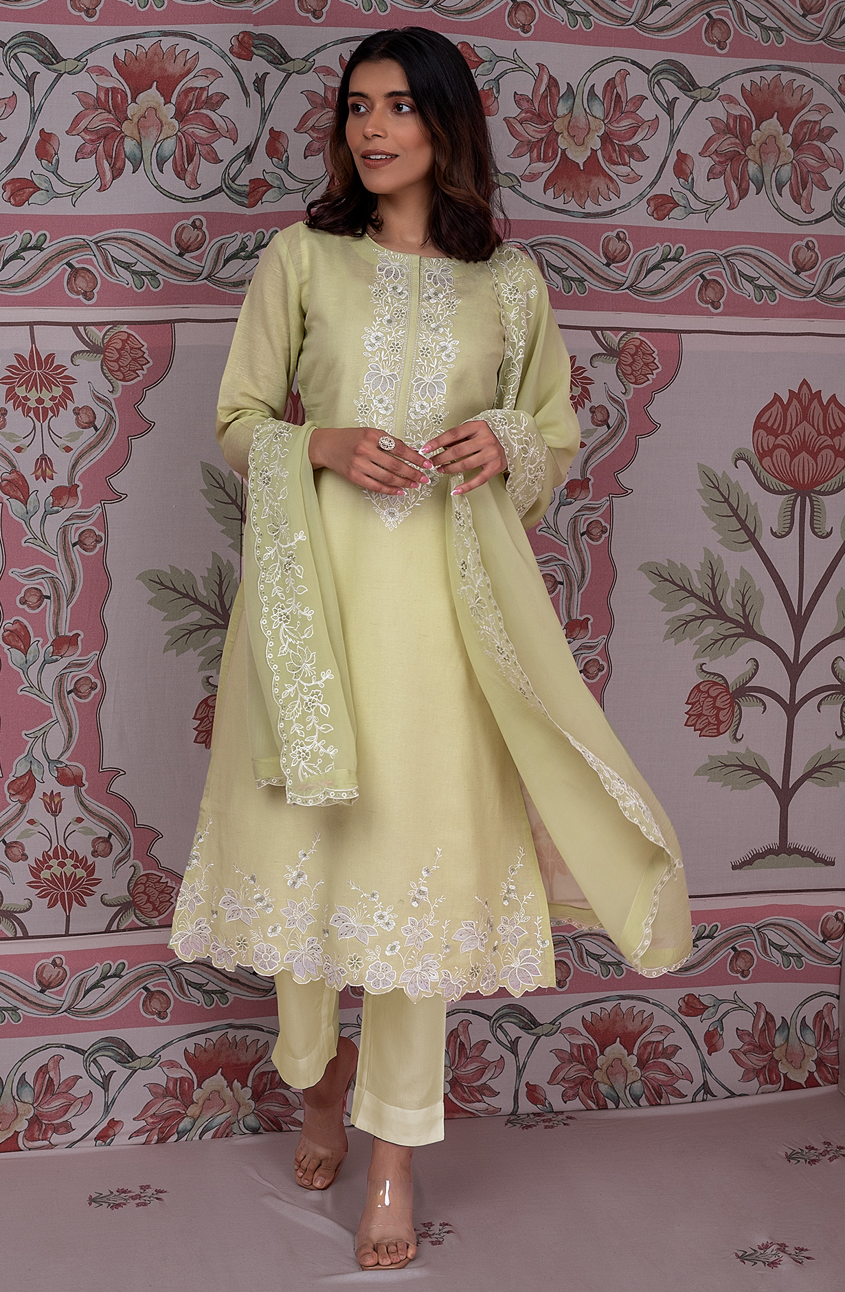 Pista Green Luxury Linen Unstitched Embroidery Suit with Chiffon Dupatta - TRI2260B