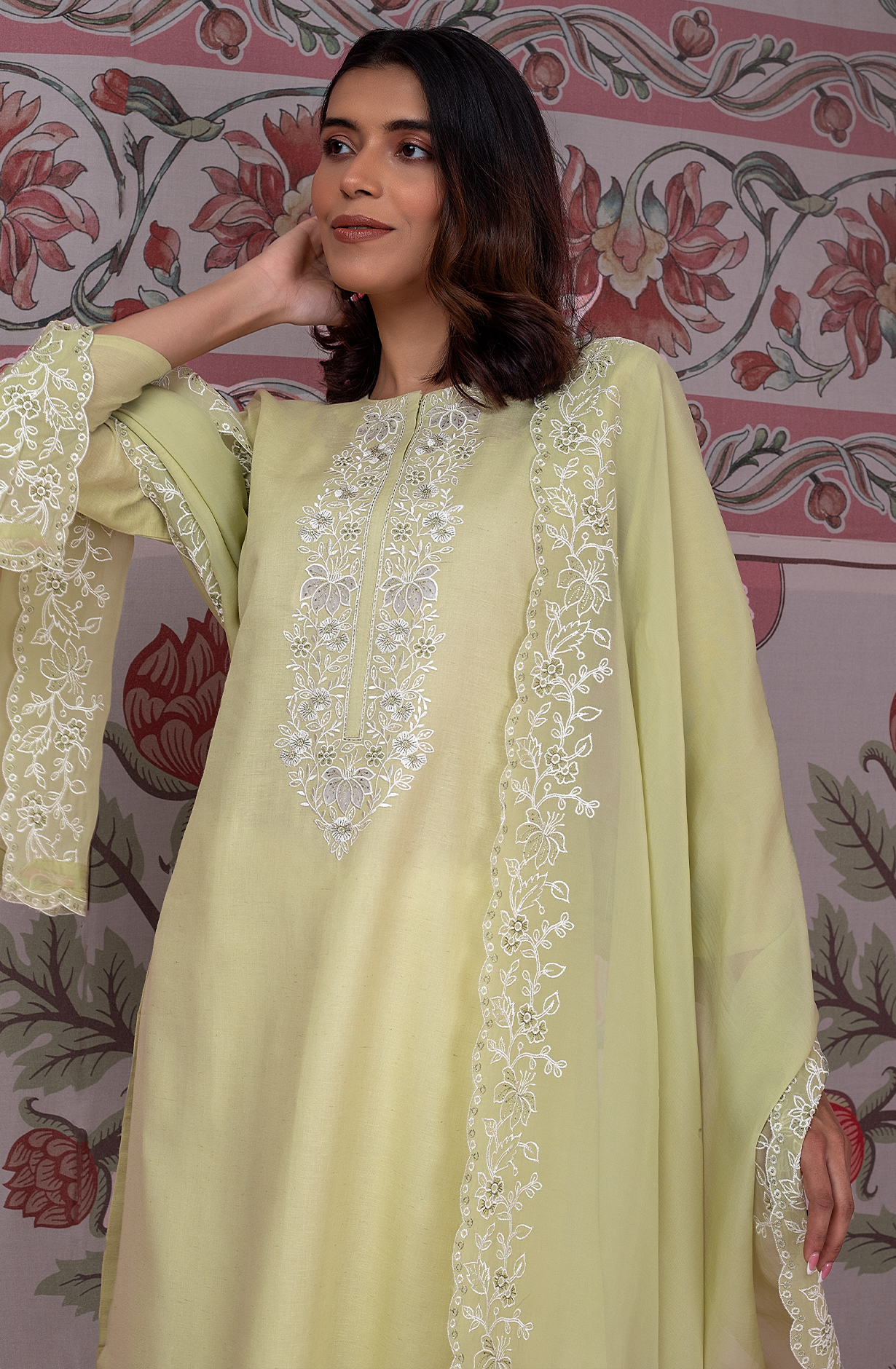Pista Green Luxury Linen Unstitched Embroidery Suit with Chiffon Dupatta - TRI2260B