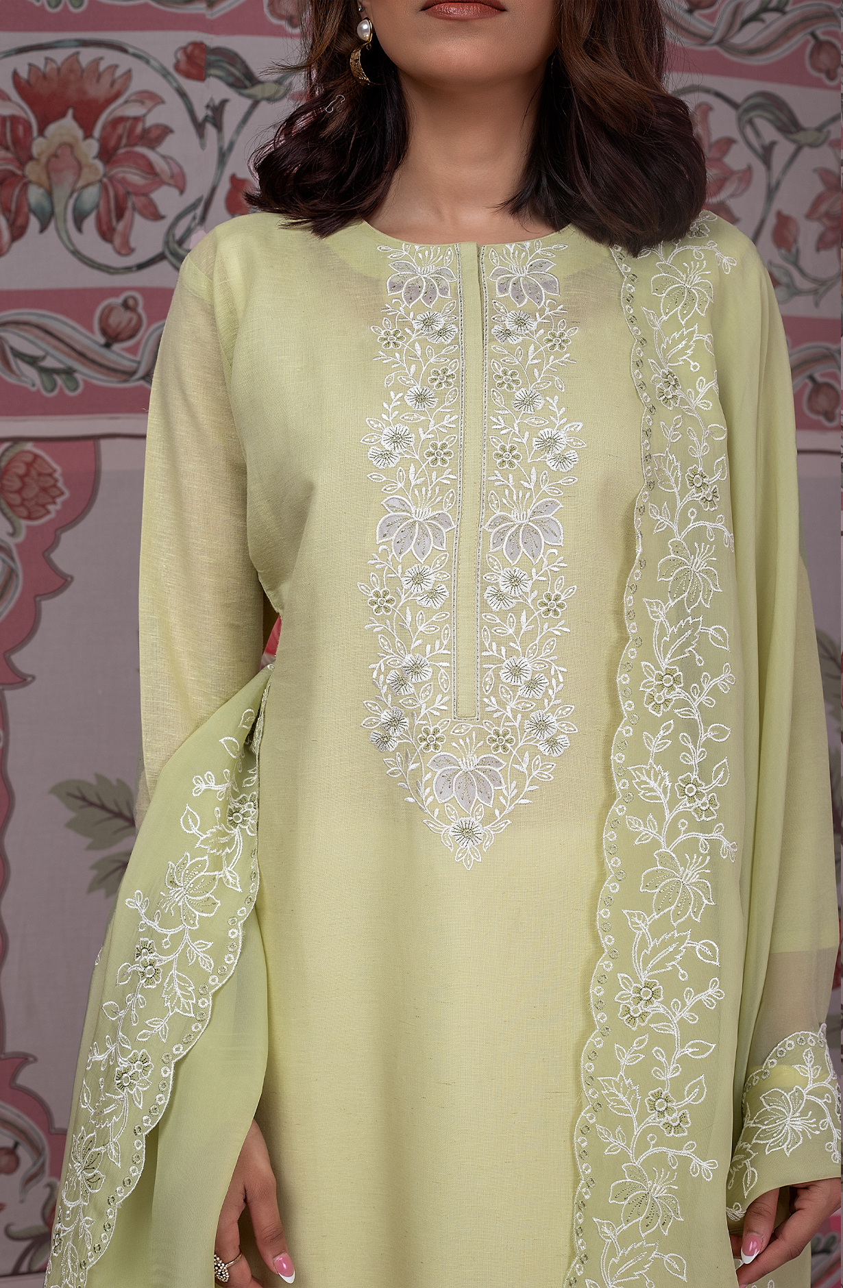 Pista Green Luxury Linen Unstitched Embroidery Suit with Chiffon Dupatta - TRI2260B