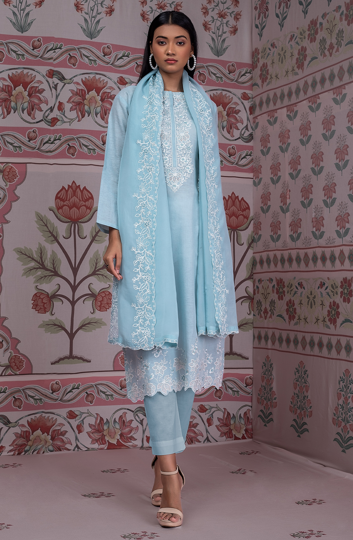 Pastel Blue Luxury Linen Unstitched Embroidery Suit with Chiffon Dupatta - TRI2260C