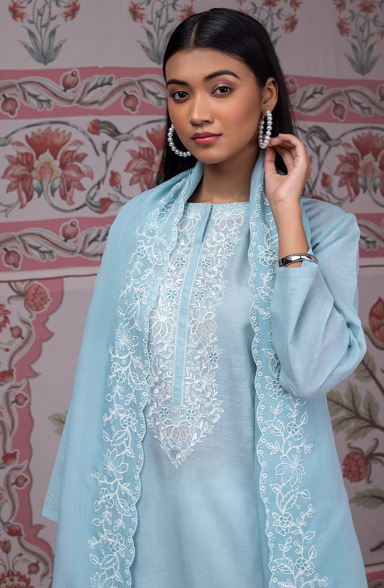 Pastel Blue Luxury Linen Unstitched Embroidery Suit with Chiffon Dupatta - TRI2260C