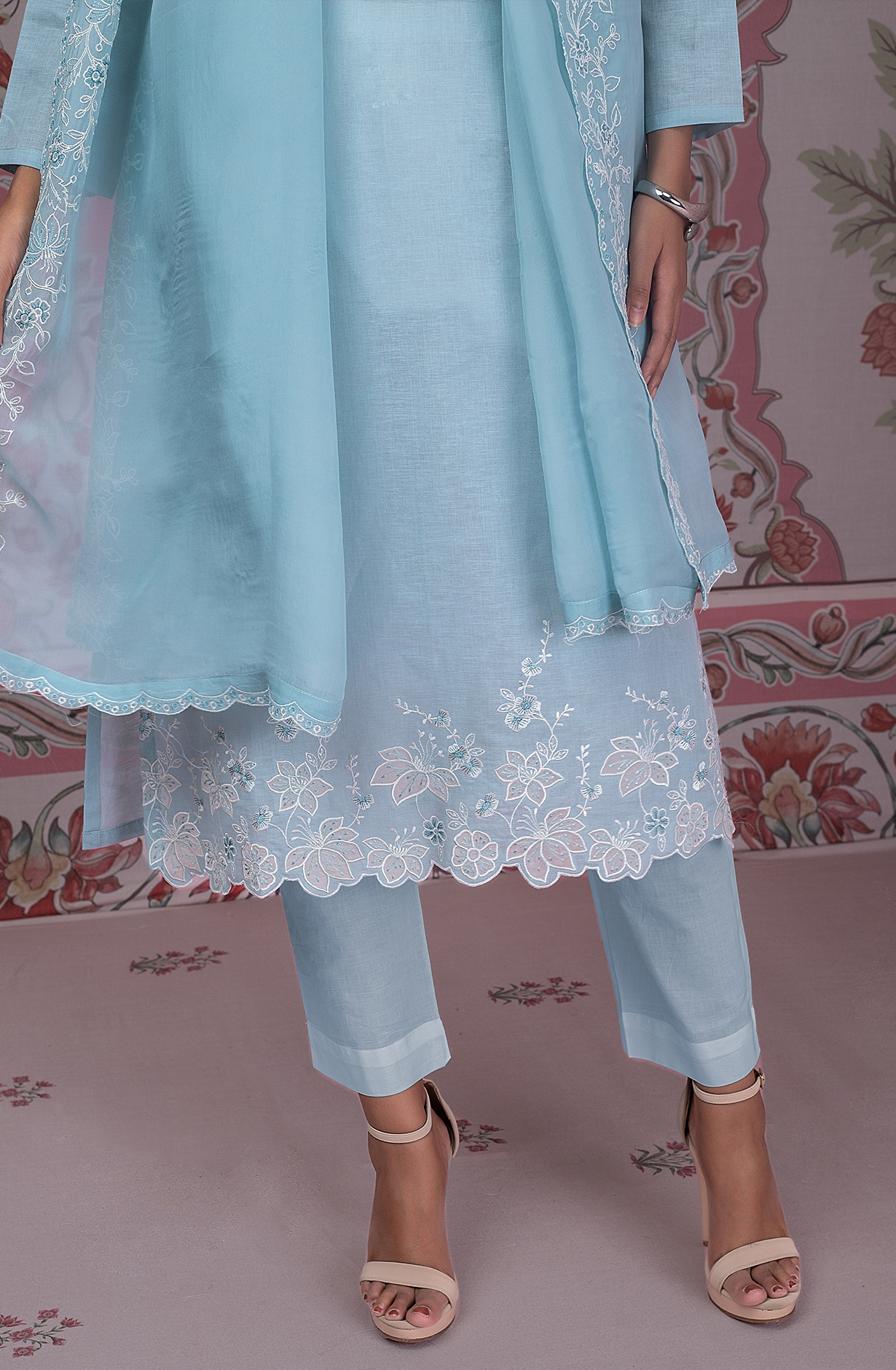 Pastel Blue Luxury Linen Unstitched Embroidery Suit with Chiffon Dupatta - TRI2260C