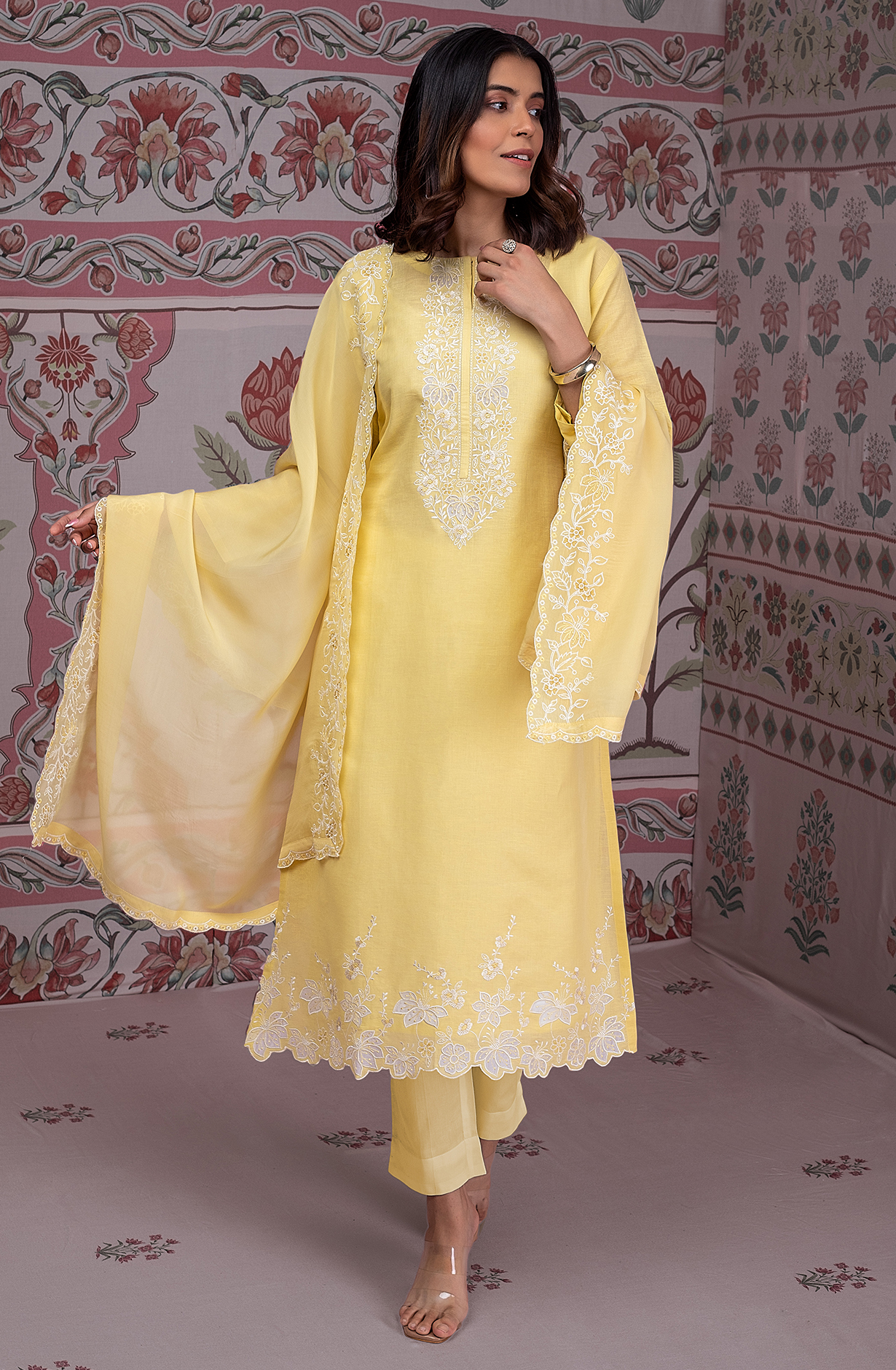 Yellow Luxury Linen Unstitched Embroidery Suit with Chiffon Dupatta - TRI2260D
