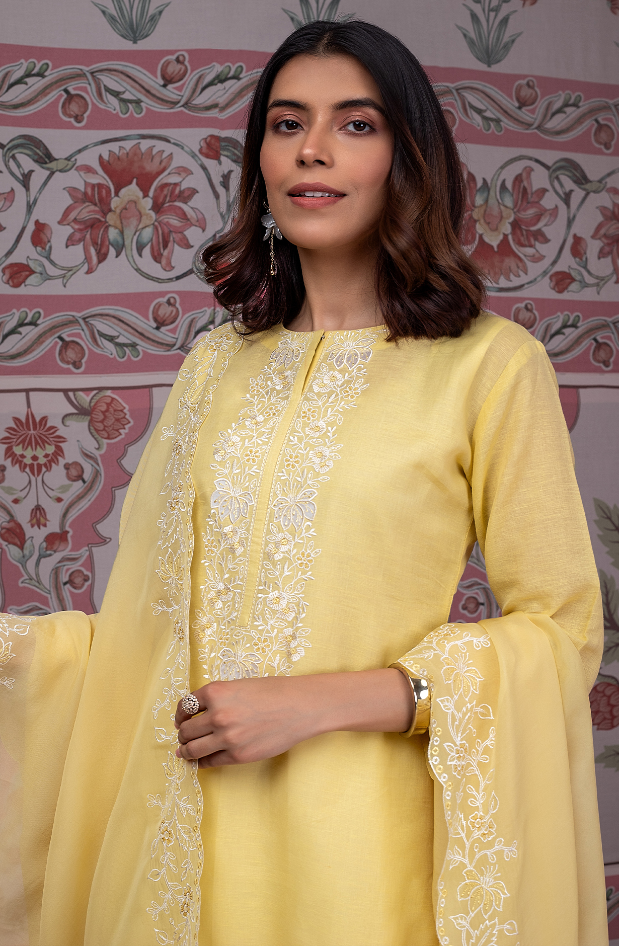 Yellow Luxury Linen Unstitched Embroidery Suit with Chiffon Dupatta - TRI2260D