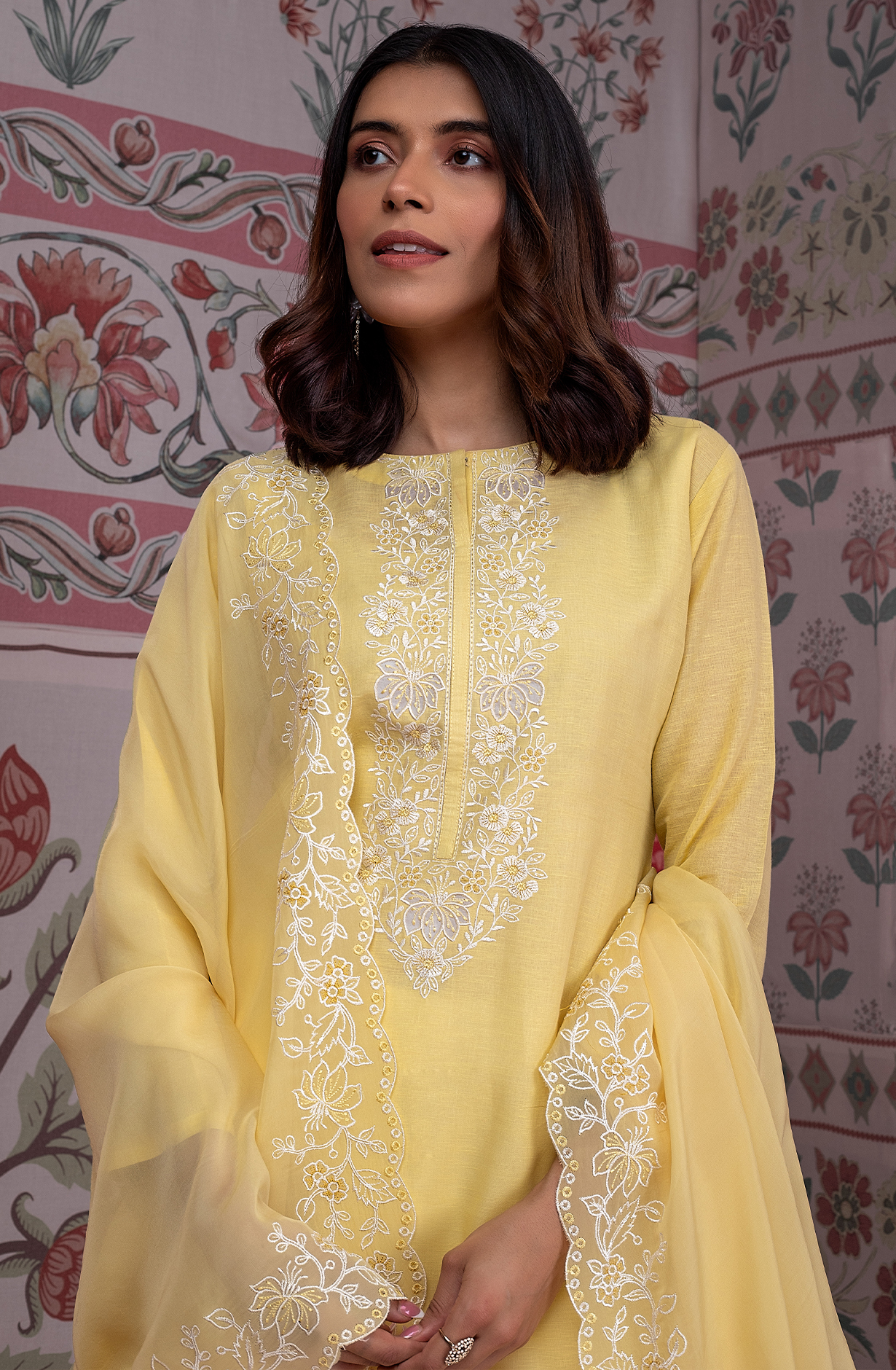 Yellow Luxury Linen Unstitched Embroidery Suit with Chiffon Dupatta - TRI2260D