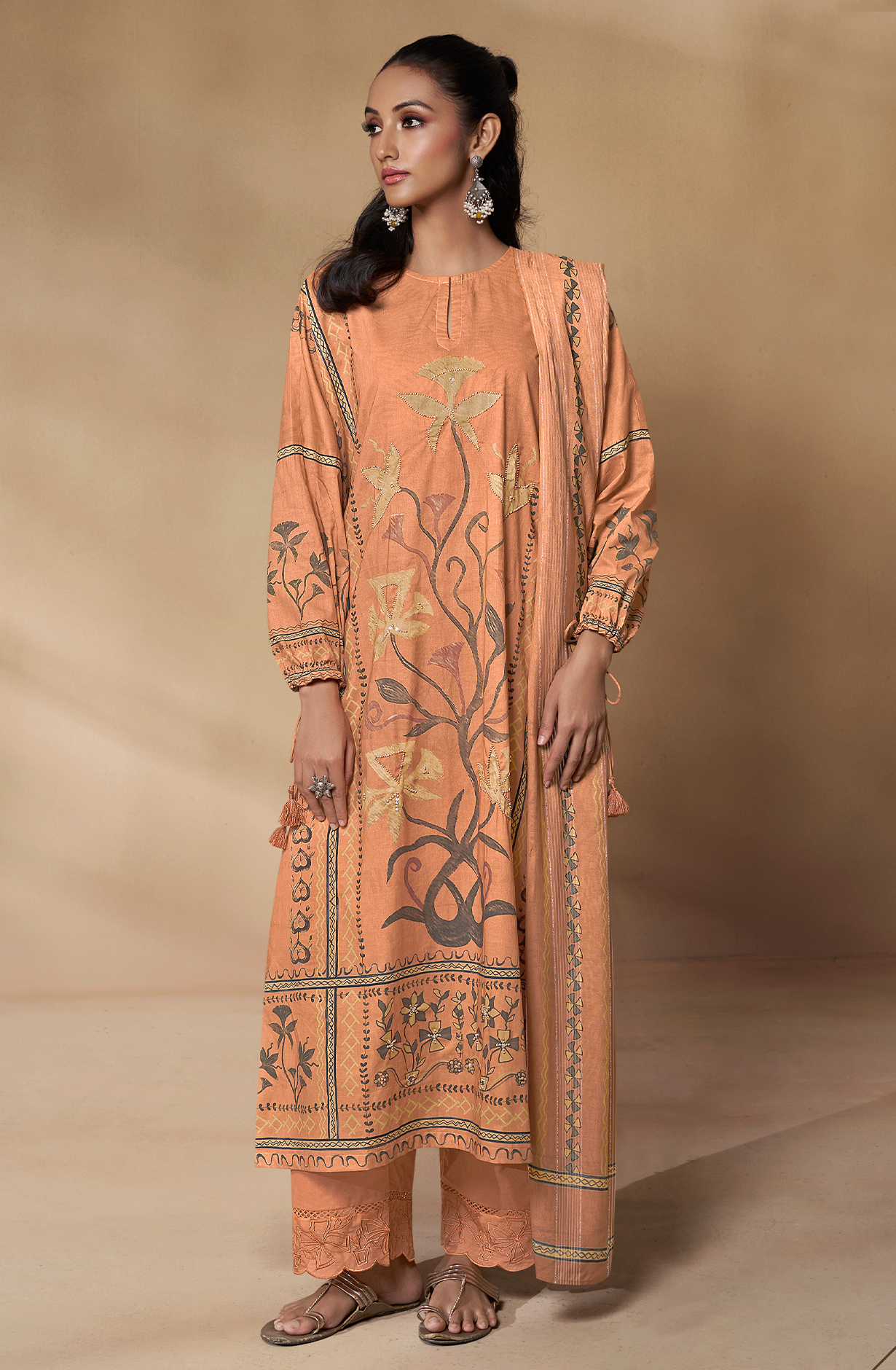 Cotton Orange Digital Printed Unstitched Salwar Kameez with Motif Work - TRI702