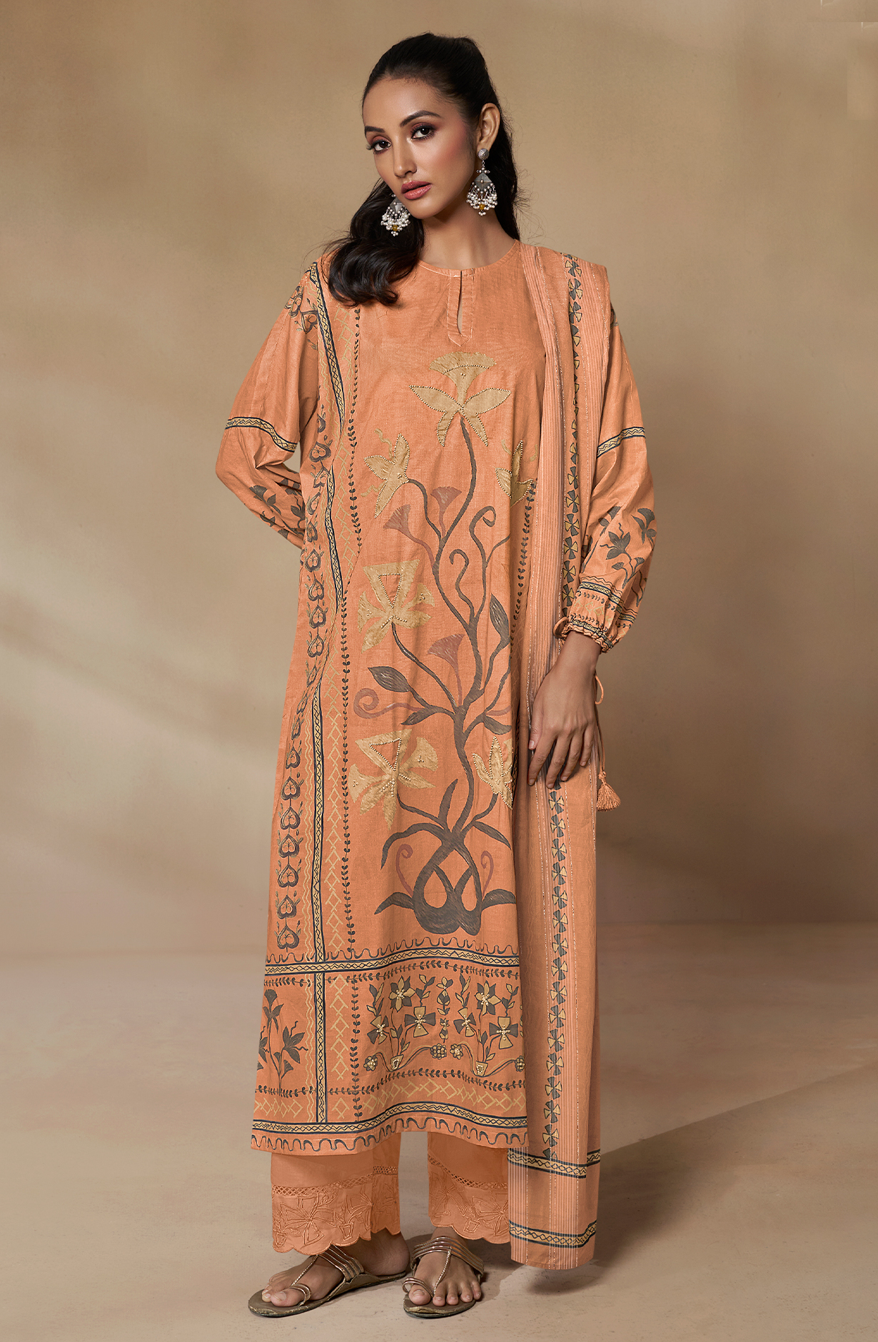 Cotton Orange Digital Printed Unstitched Salwar Kameez with Motif Work - TRI702