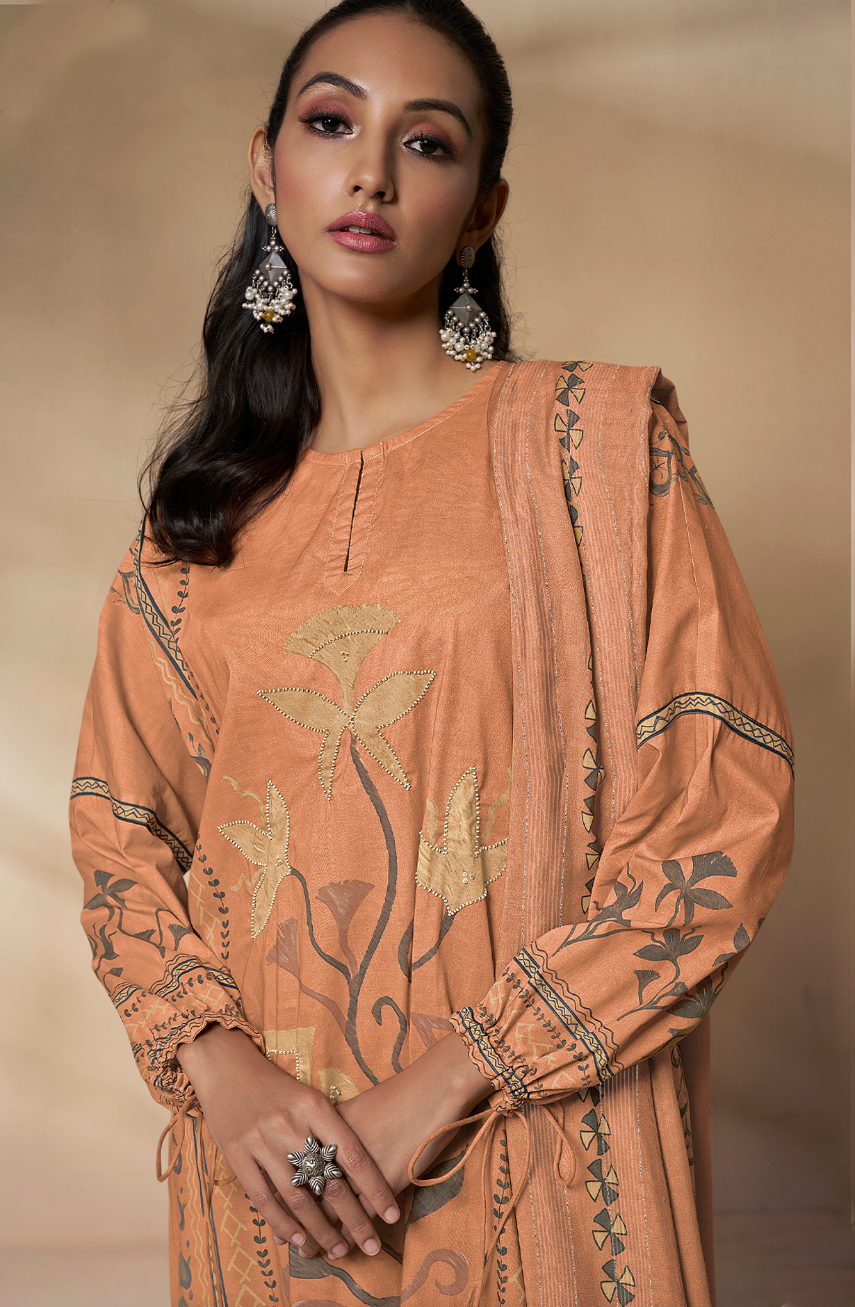 Cotton Orange Digital Printed Unstitched Salwar Kameez with Motif Work - TRI702