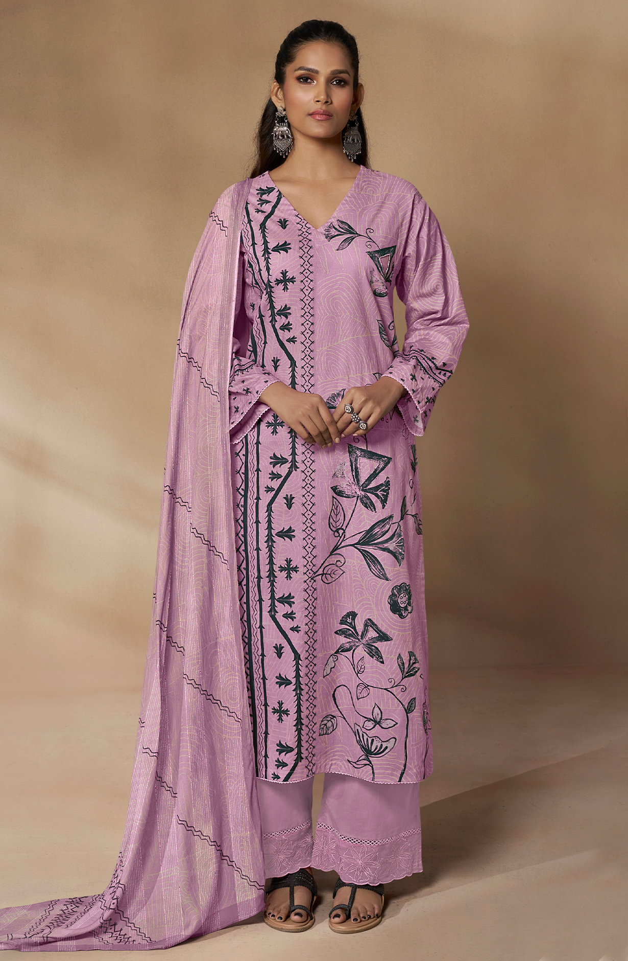 Cotton Lavender Digital Printed Unstitched Salwar Kameez with Motif Work - TRI712