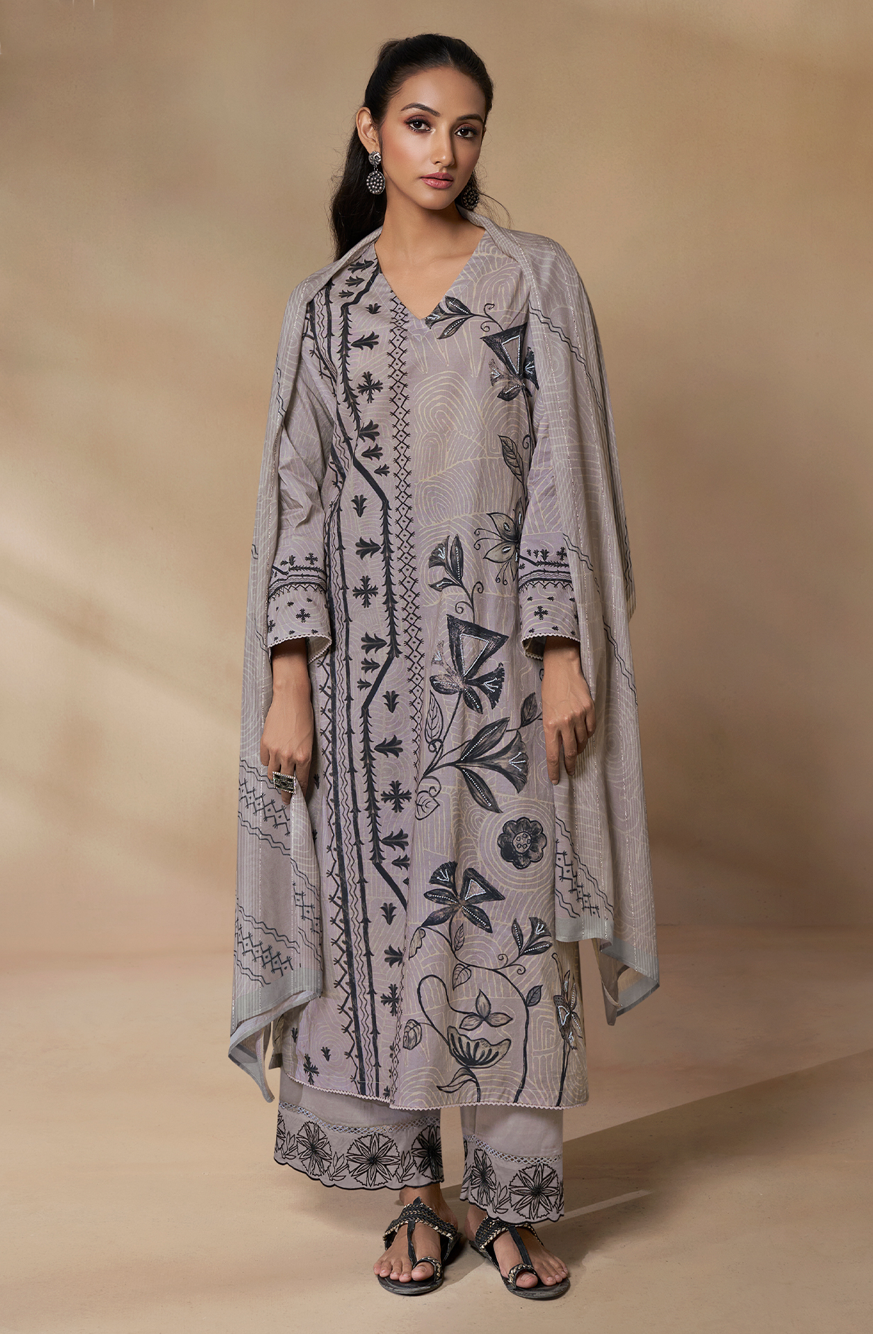 Cotton Grey Digital Printed Unstitched Salwar Kameez with Motif Work - TRI777