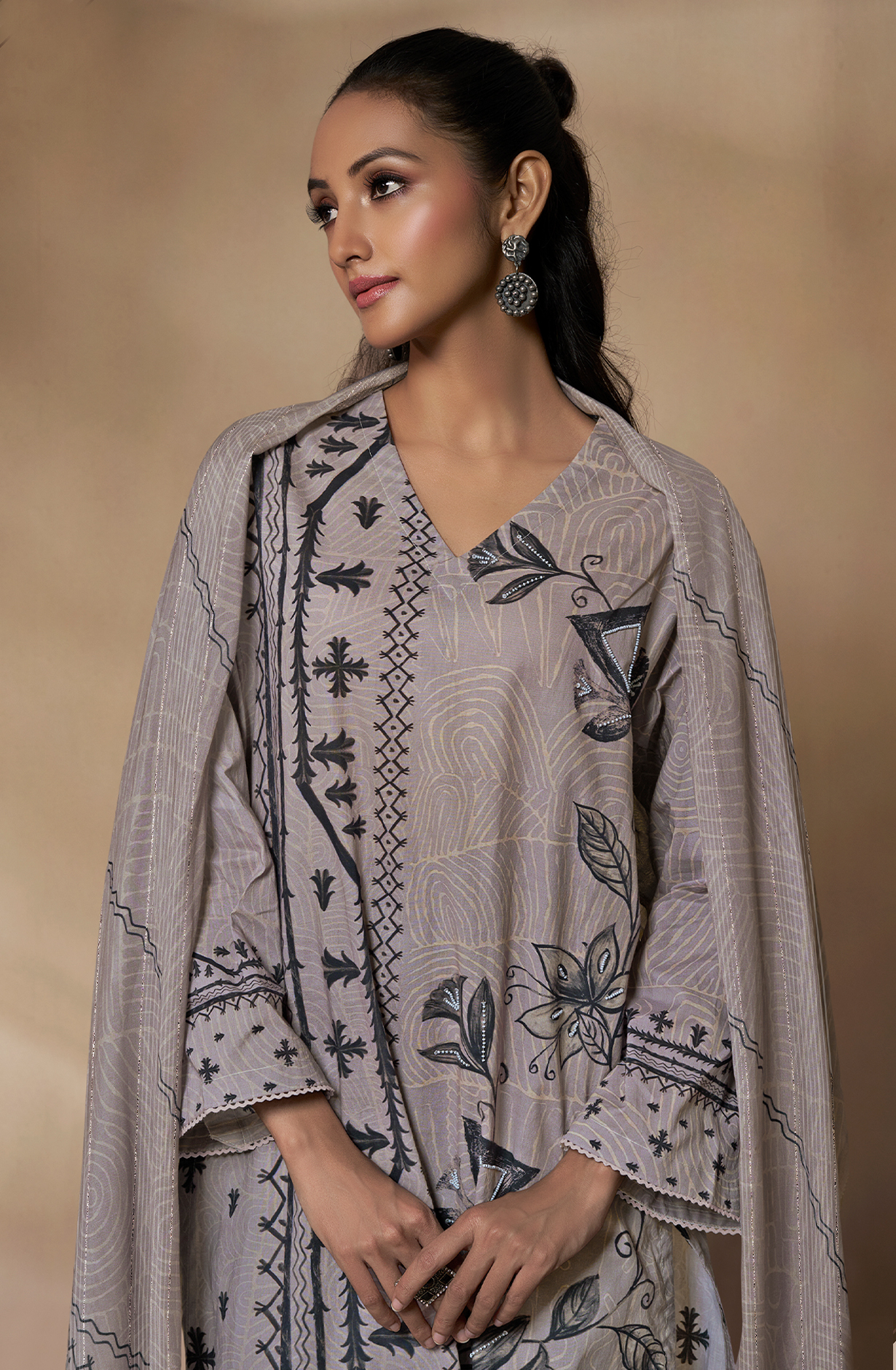 Cotton Grey Digital Printed Unstitched Salwar Kameez with Motif Work - TRI777
