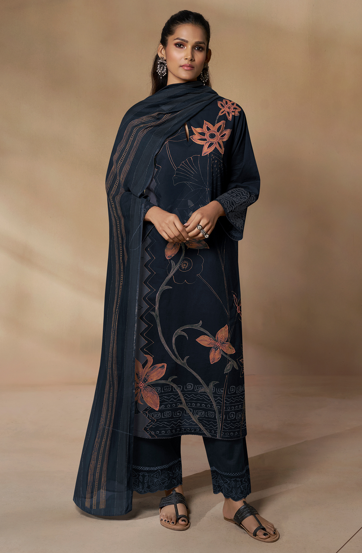 Cotton Black Digital Printed Unstitched Salwar Kameez with Motif Work - TRI788