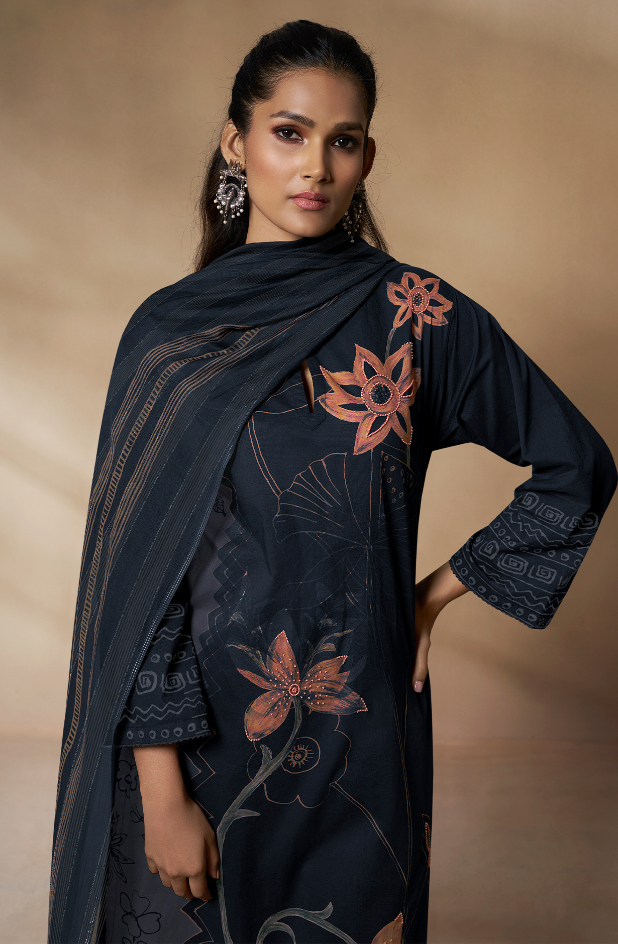 Cotton Black Digital Printed Unstitched Salwar Kameez with Motif Work - TRI788