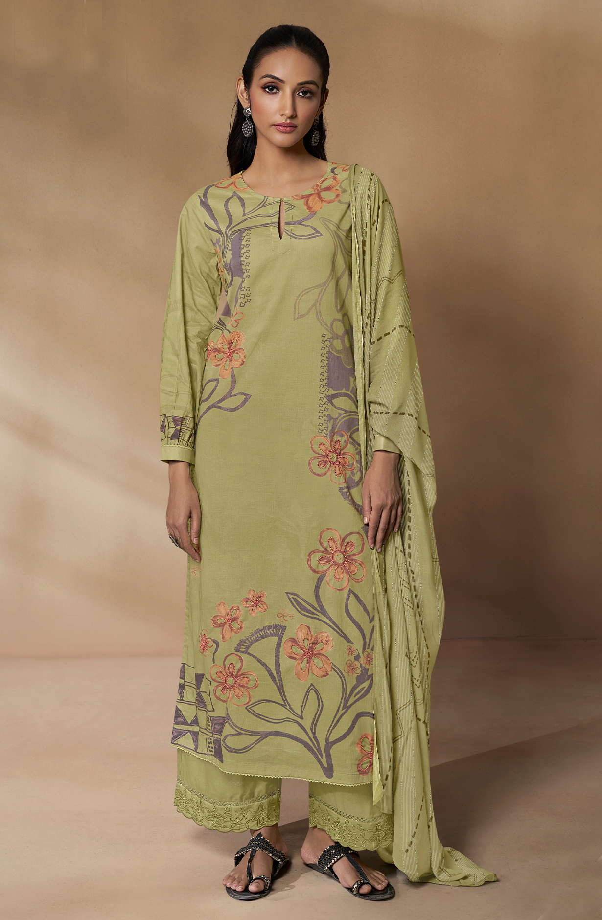 Cotton Parrot Green Digital Printed Unstitched Salwar Kameez with Motif Work - TRI797