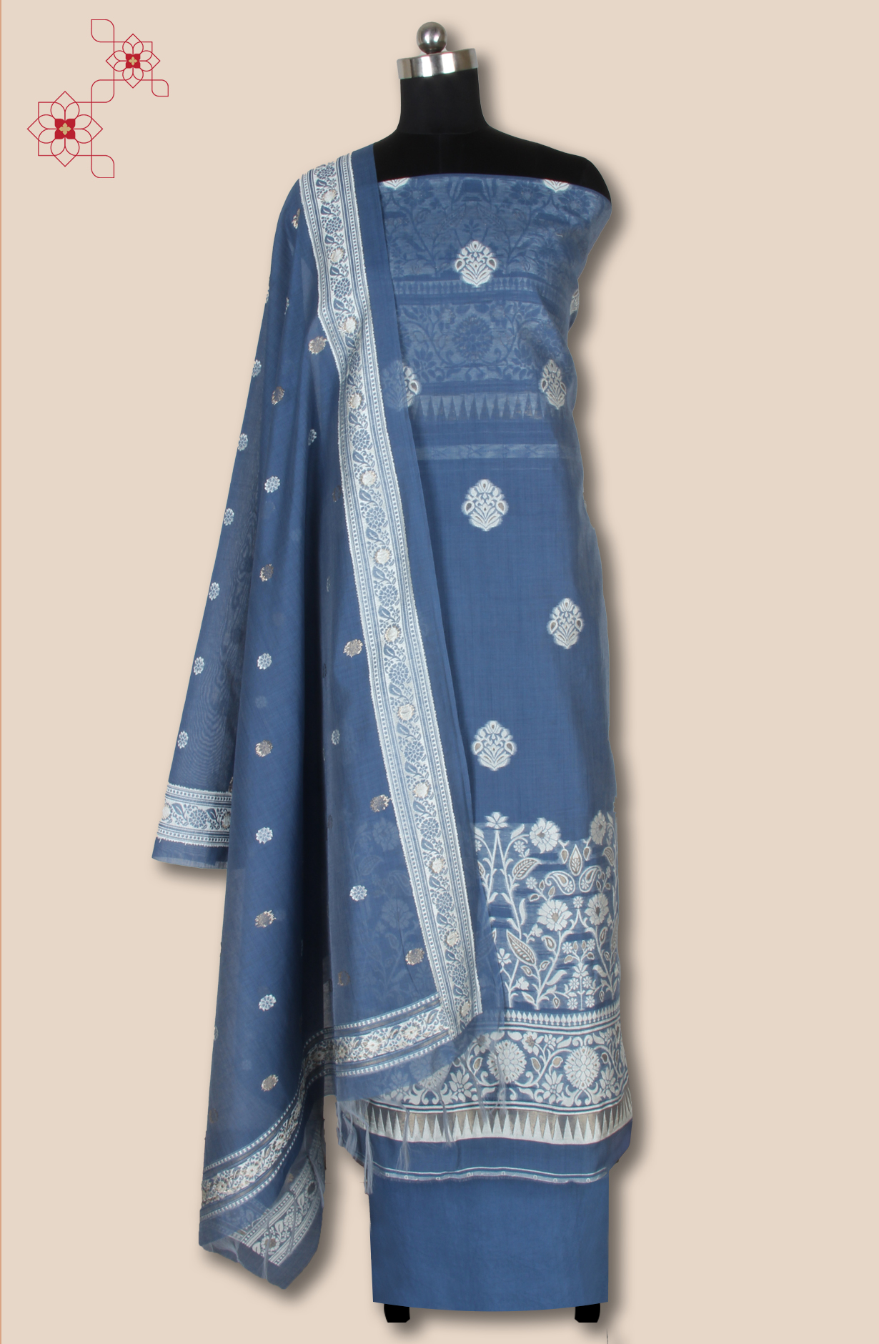 Blue Chanderi Woven Unstitched Salwar Kameez Dupatta - TRSCHN1233A