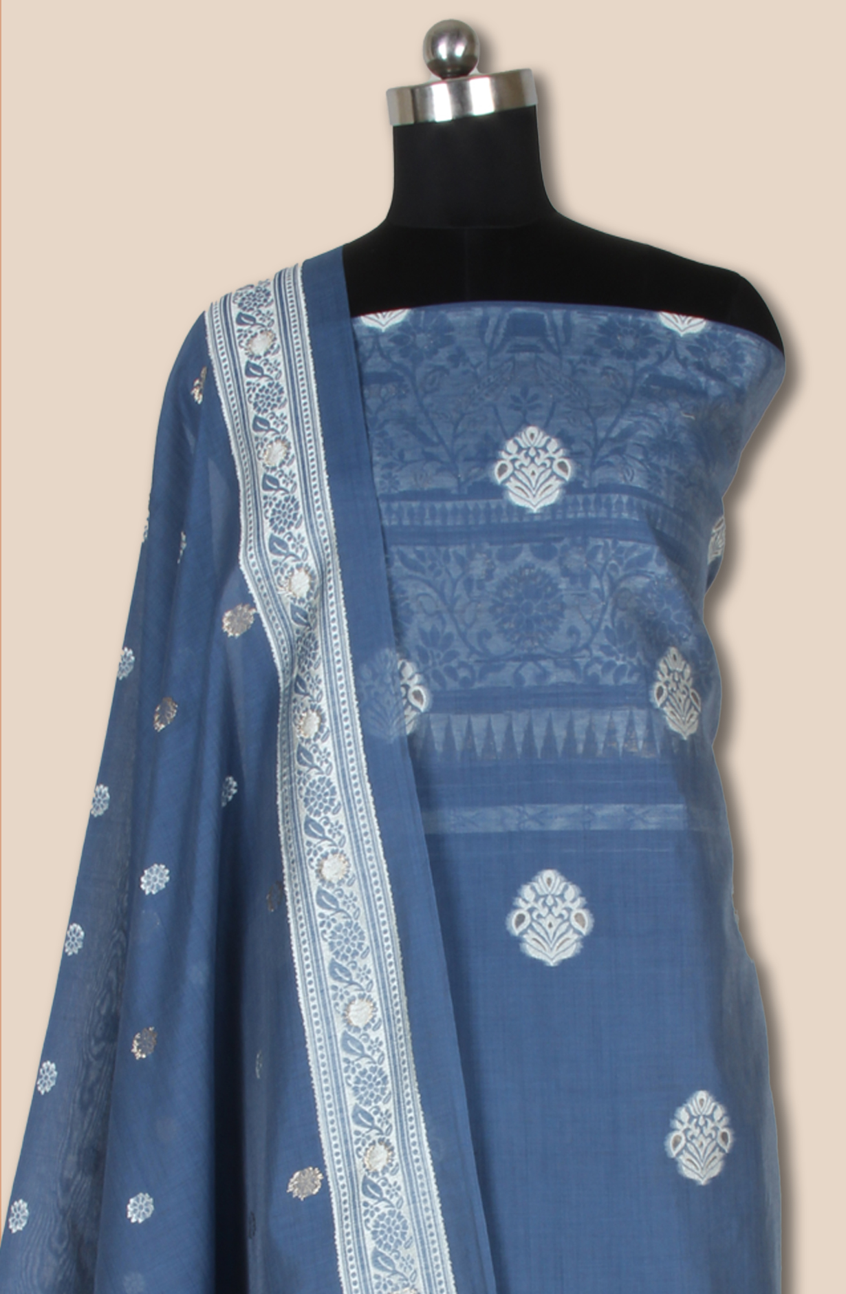 Blue Chanderi Woven Unstitched Salwar Kameez Dupatta - TRSCHN1233A