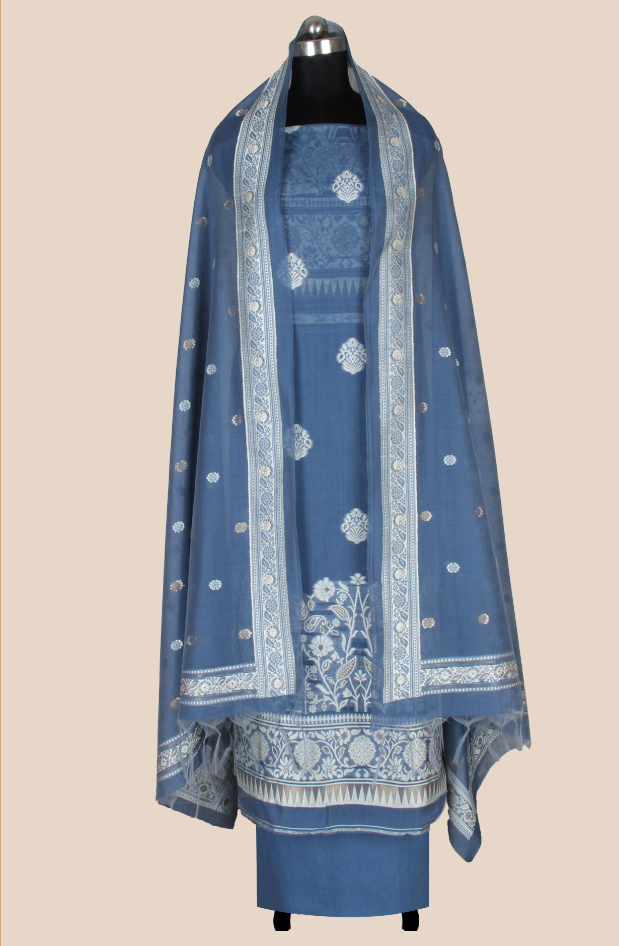 Blue Chanderi Woven Unstitched Salwar Kameez Dupatta - TRSCHN1233A