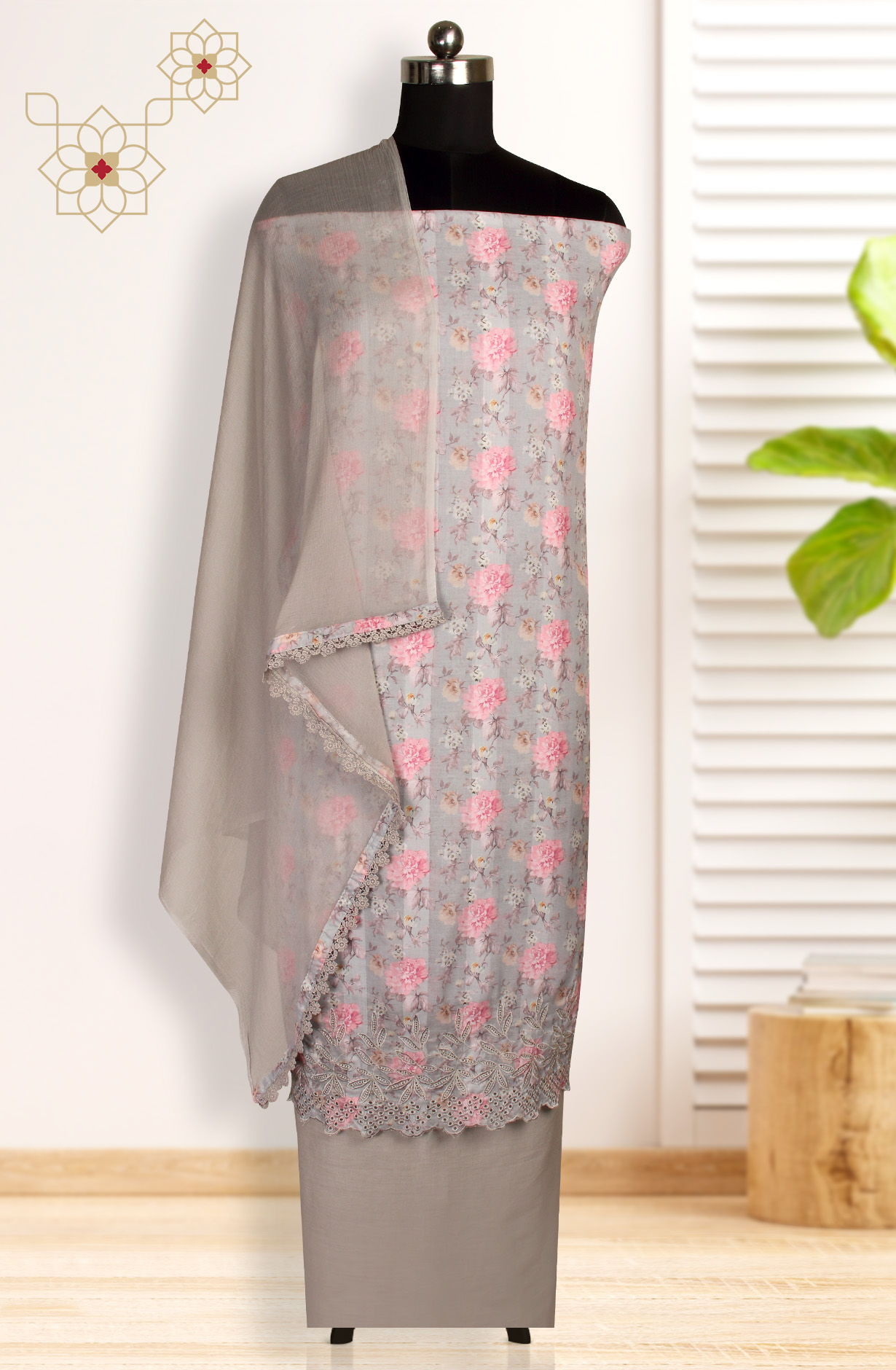 Grey Cotton Digital Printed Suit with Chiffon Dupatta - TRU1401A