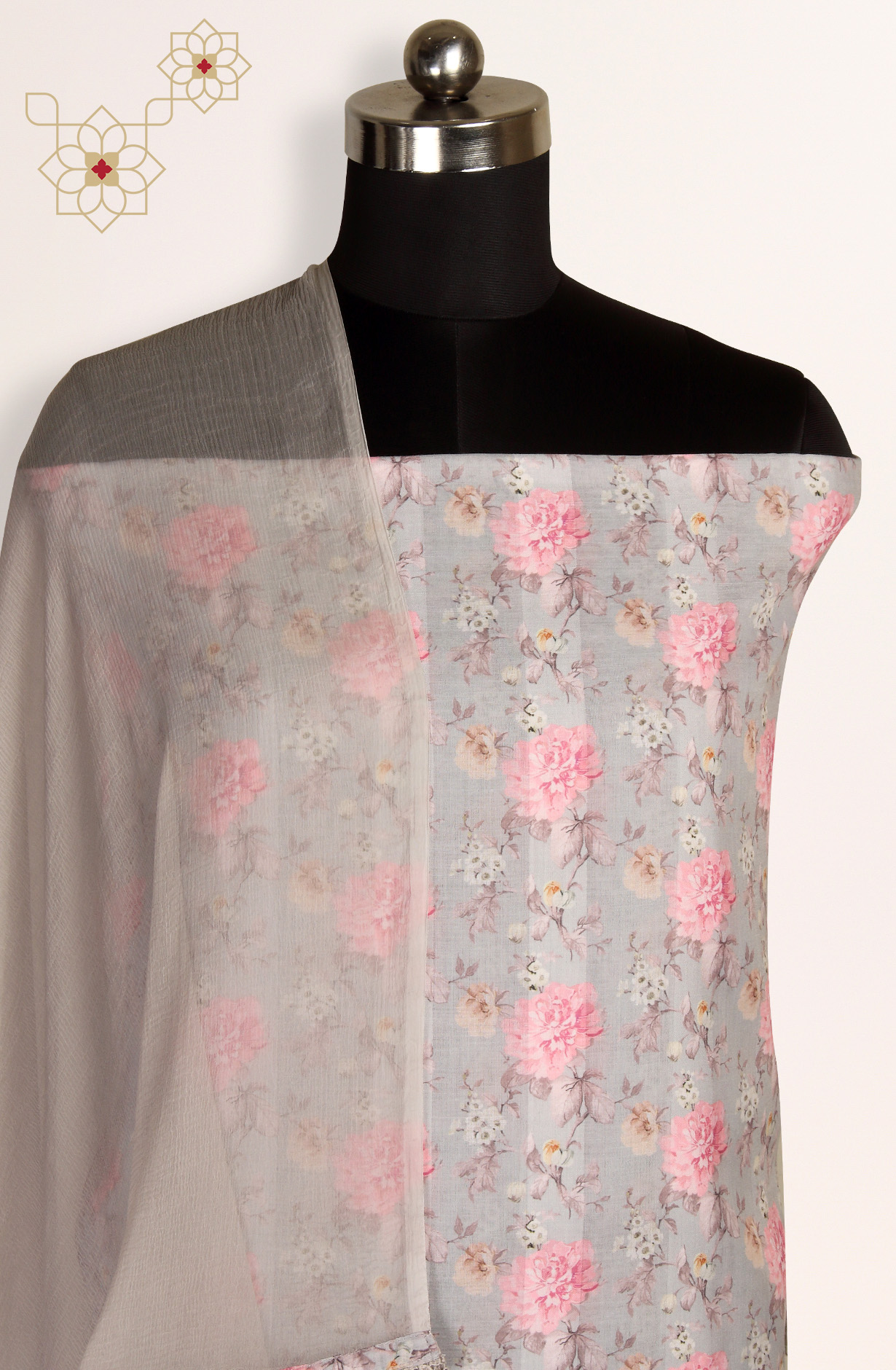 Grey Cotton Digital Printed Suit with Chiffon Dupatta - TRU1401A