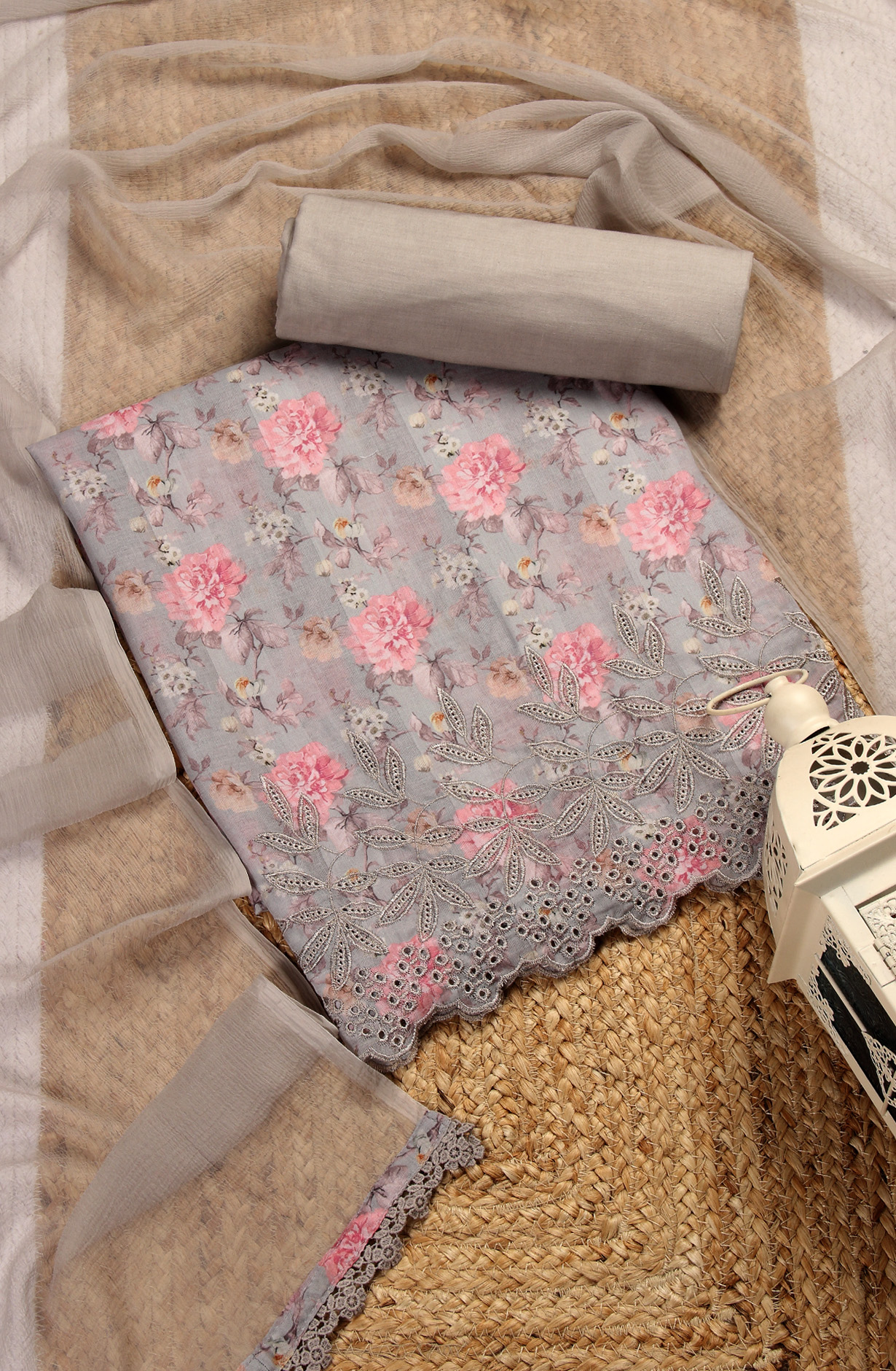 Grey Cotton Digital Printed Suit with Chiffon Dupatta - TRU1401A