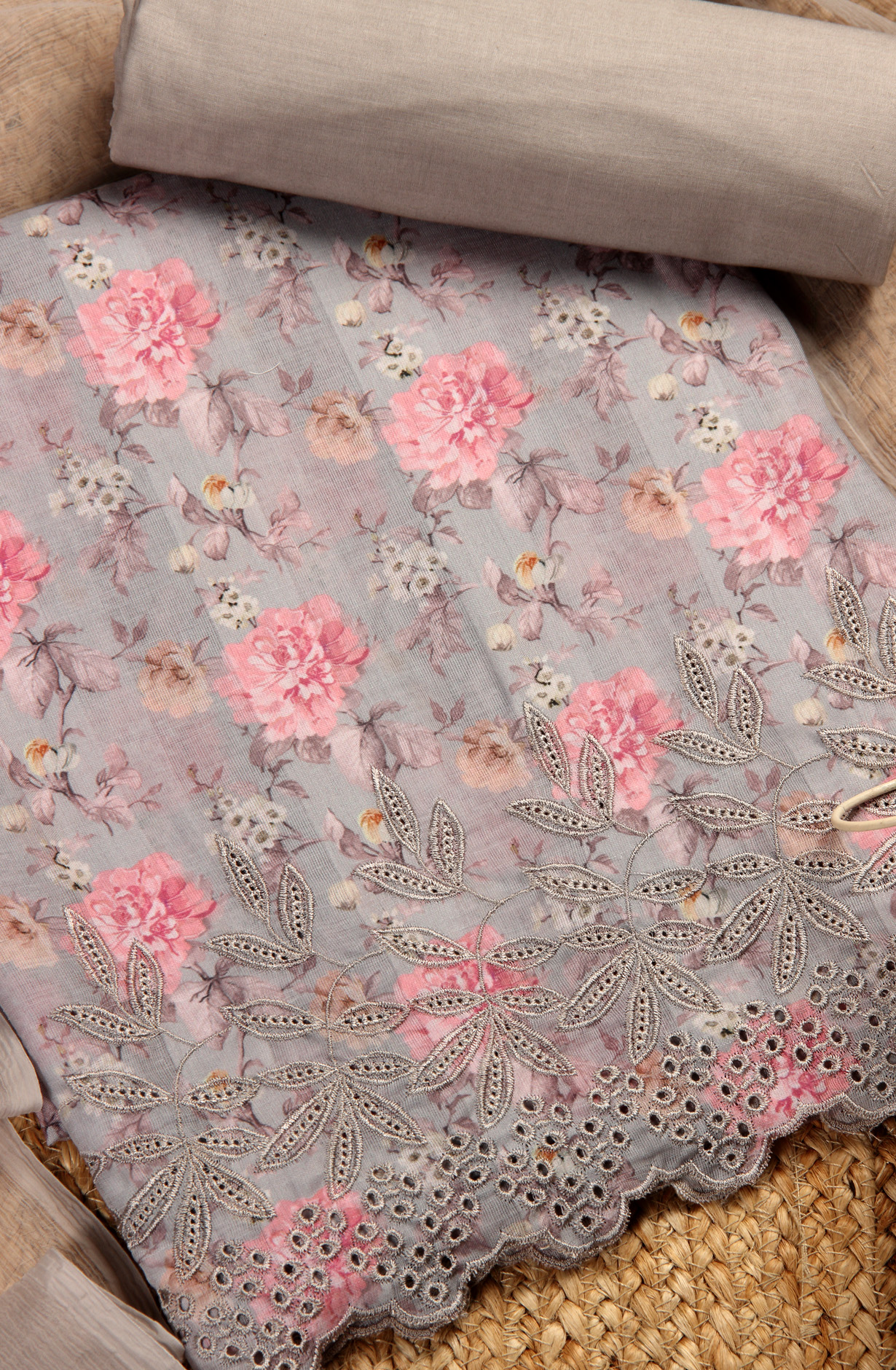 Grey Cotton Digital Printed Suit with Chiffon Dupatta - TRU1401A