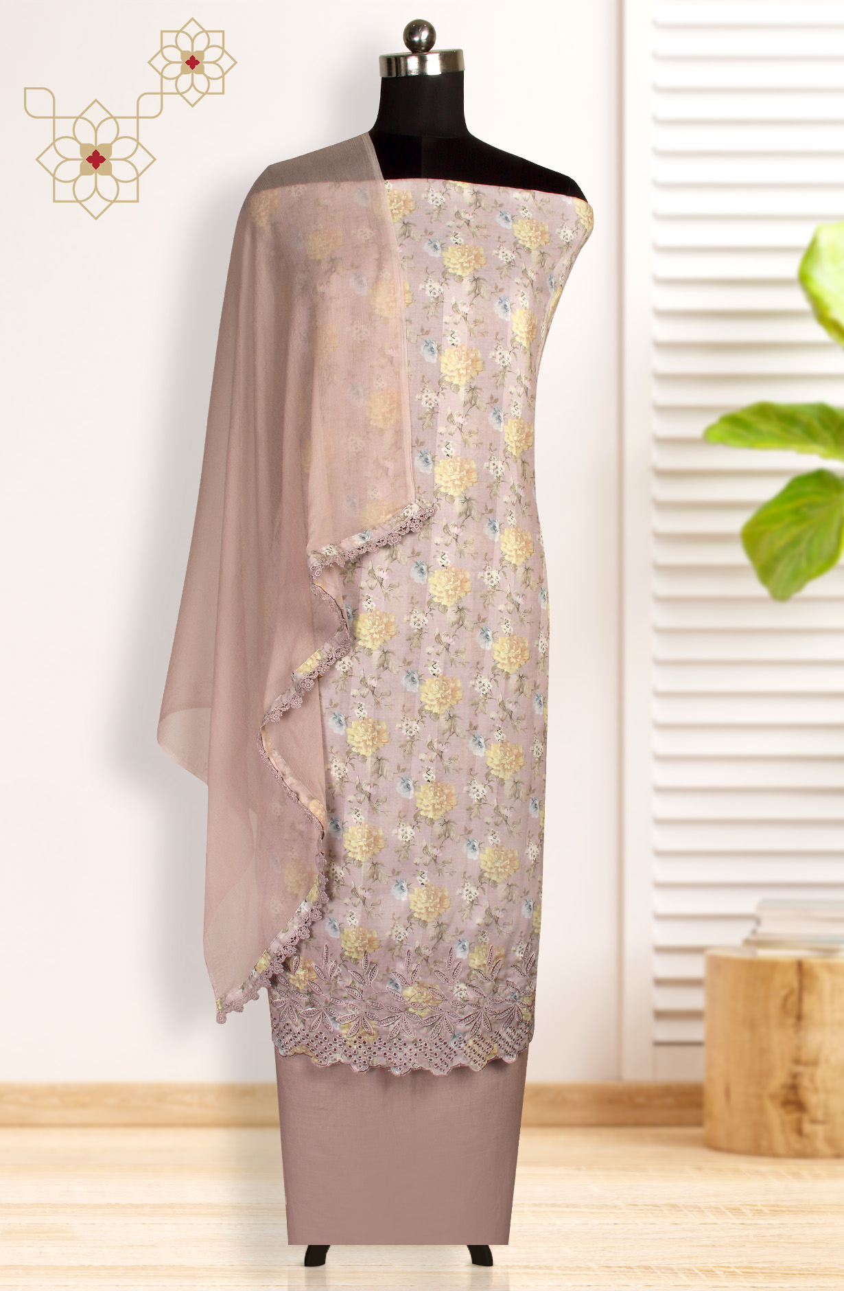 Mauve Cotton Digital Printed Suit with Chiffon Dupatta - TRU1401B
