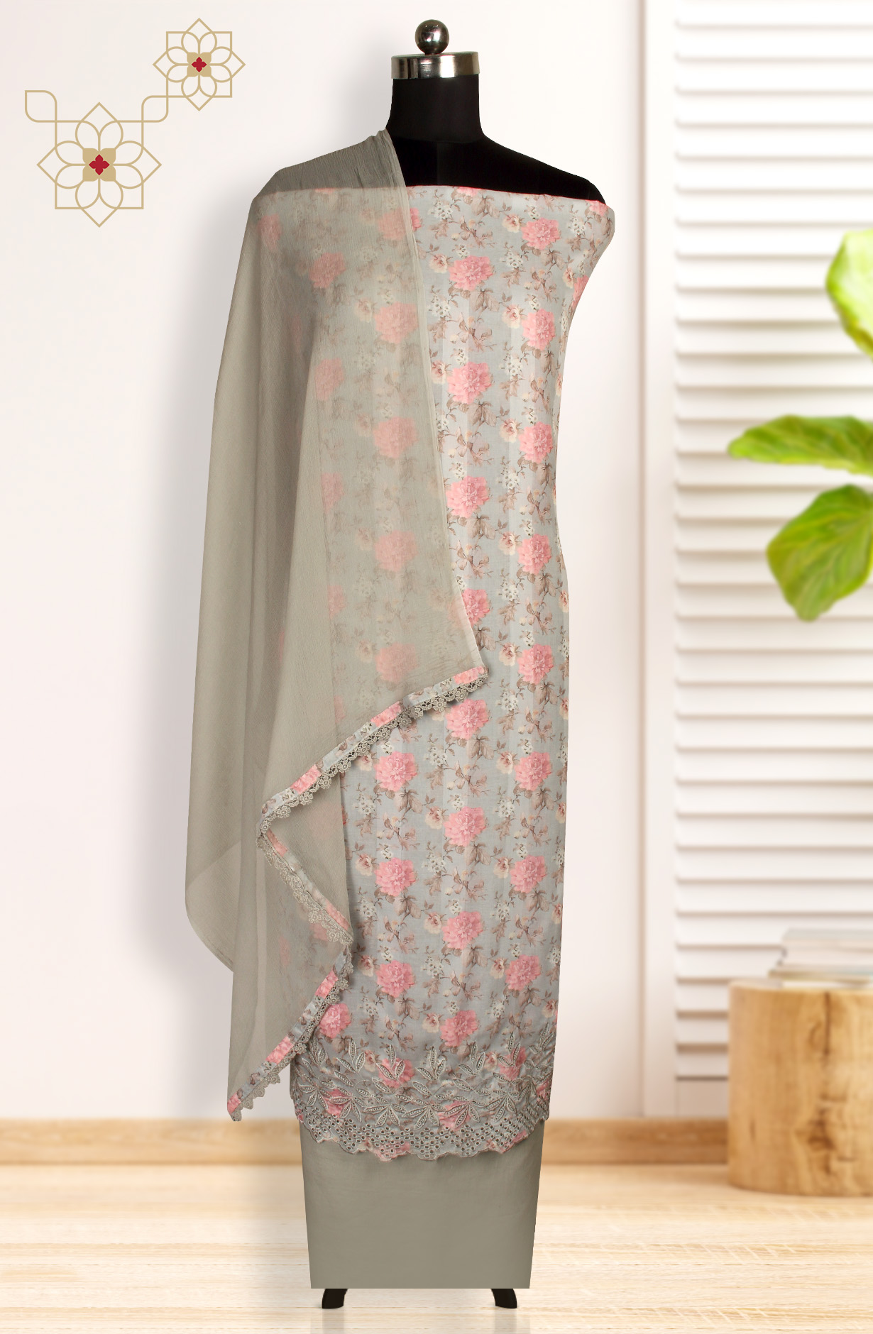 Grey Cotton Digital Printed Suit with Chiffon Dupatta - TRU1401C