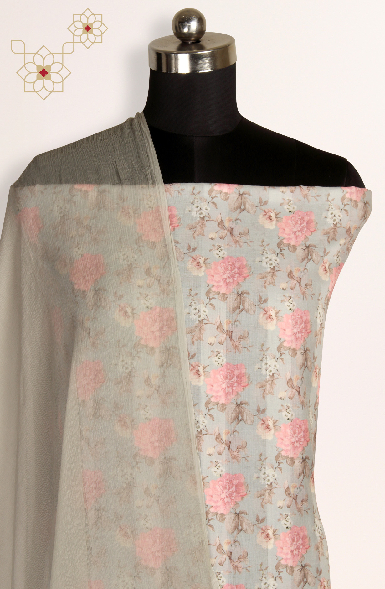 Grey Cotton Digital Printed Suit with Chiffon Dupatta - TRU1401C