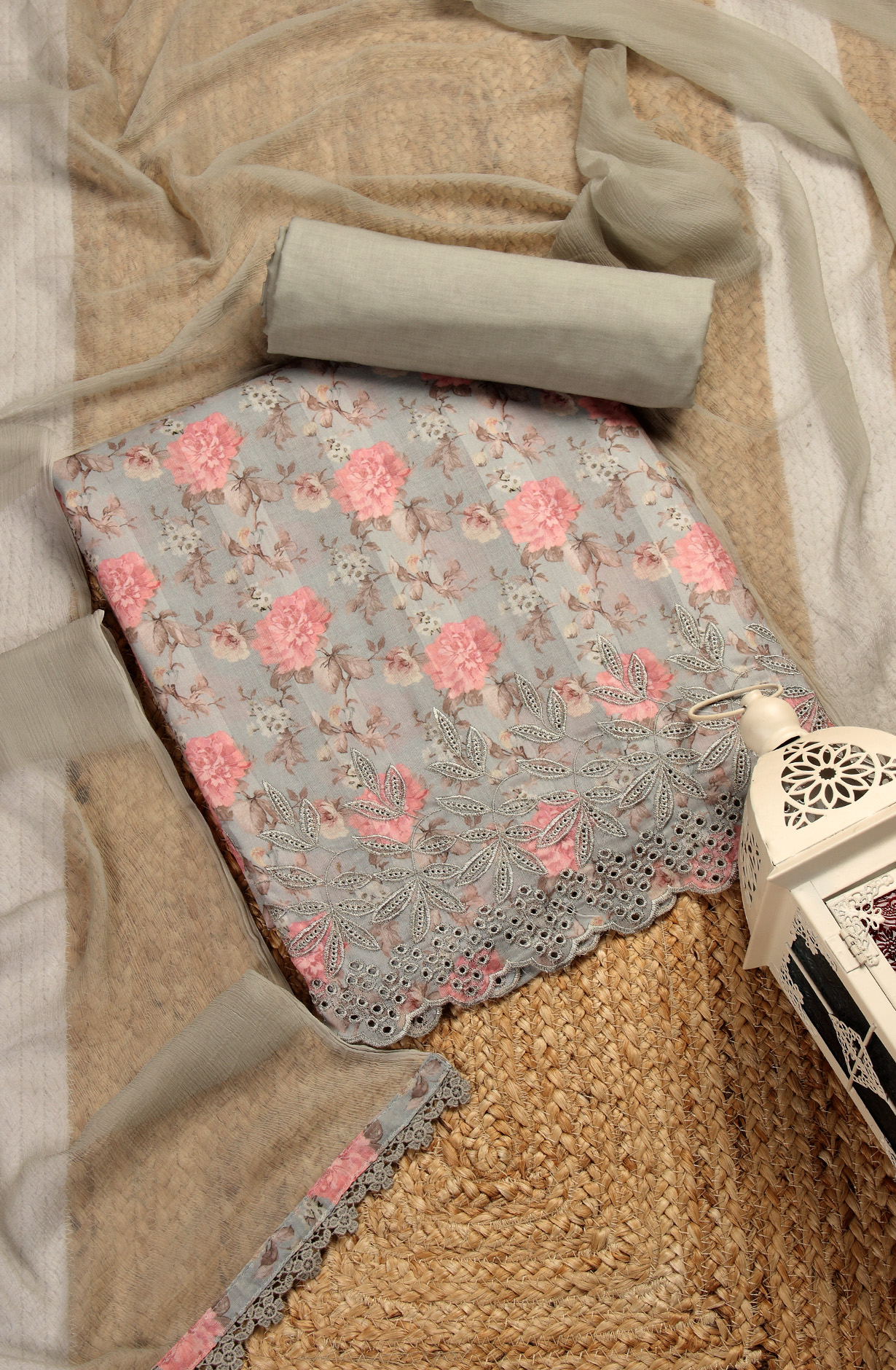 Grey Cotton Digital Printed Suit with Chiffon Dupatta - TRU1401C