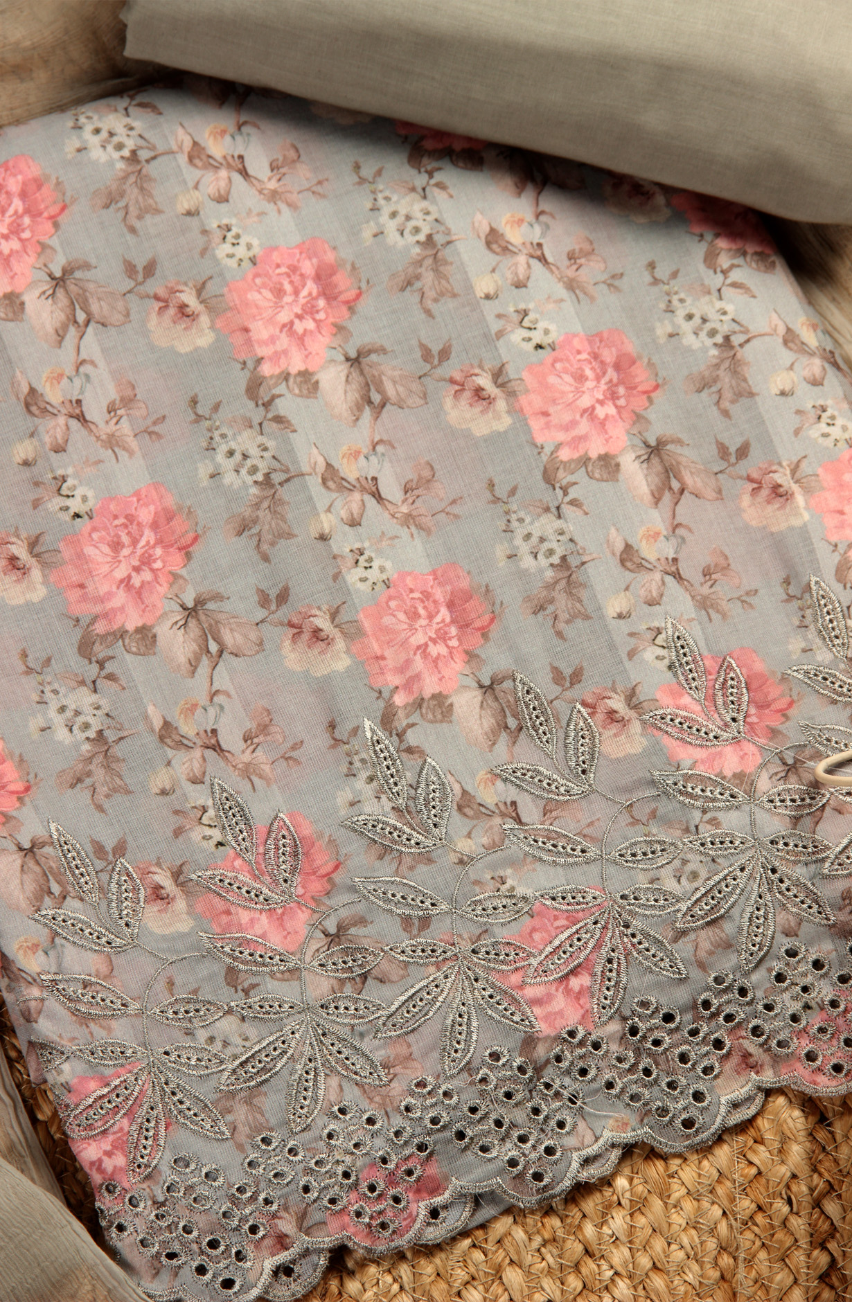 Grey Cotton Digital Printed Suit with Chiffon Dupatta - TRU1401C