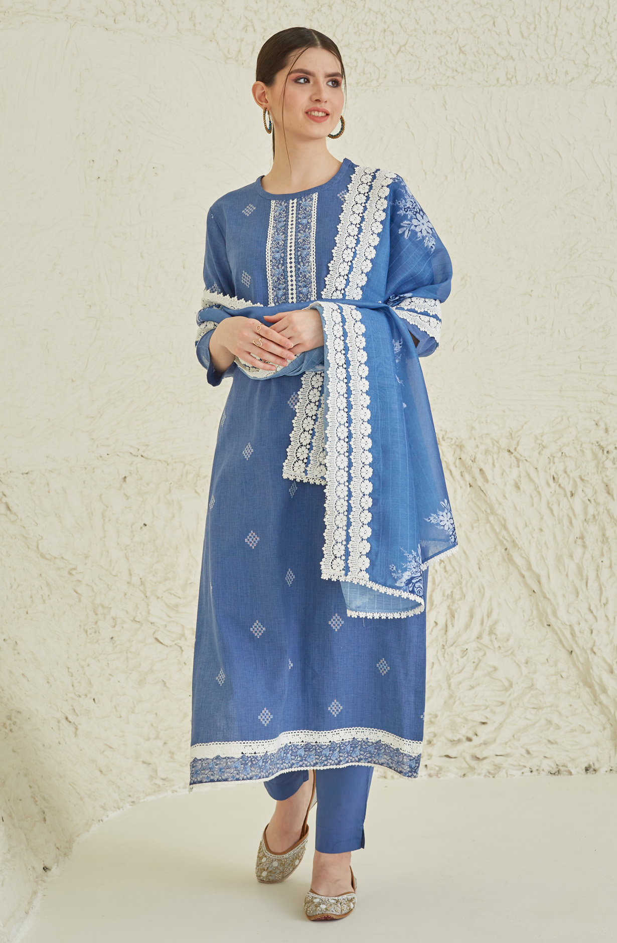Blue Cotton Beautiful Lace Work Salwar Kameez with Dupatta - TUL1902A