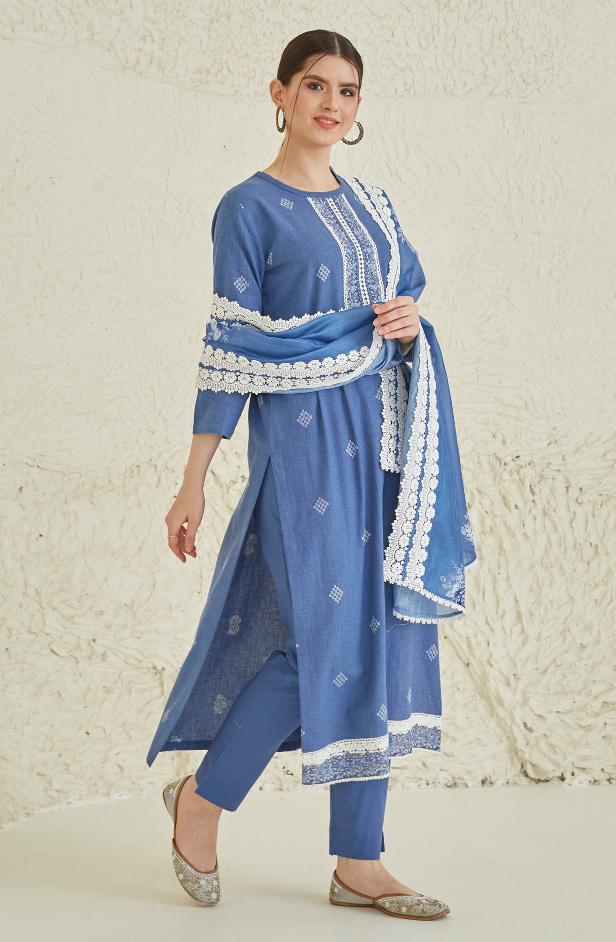 Blue Cotton Beautiful Lace Work Salwar Kameez with Dupatta - TUL1902A